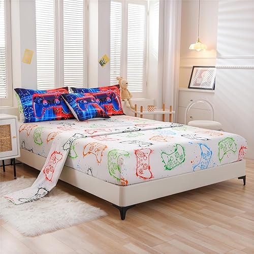 Miniatura 7 de Meeting Story Juego de ropa de cama con estampado de consola de videojuegos fluorescente, color rojo y azul, juego de ropa de cama para niños,