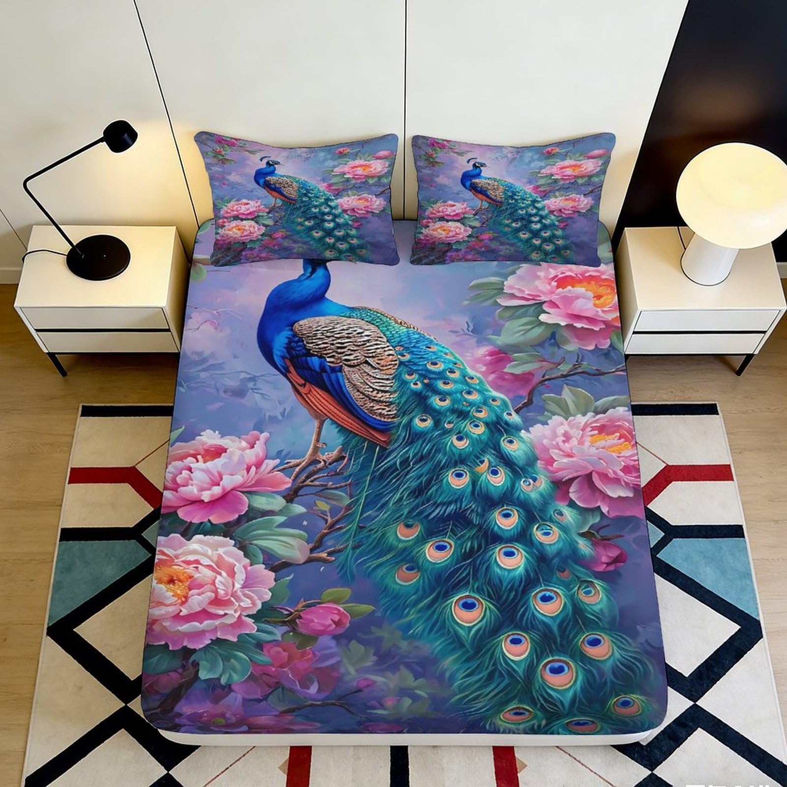 Pnayamiorkfel Style-7 3D Printed Peacock Floral Fitted Sheet Microfiber Soft Decor Bedroom Guest Room Easy Care Mattress Cover 90X200x25cm