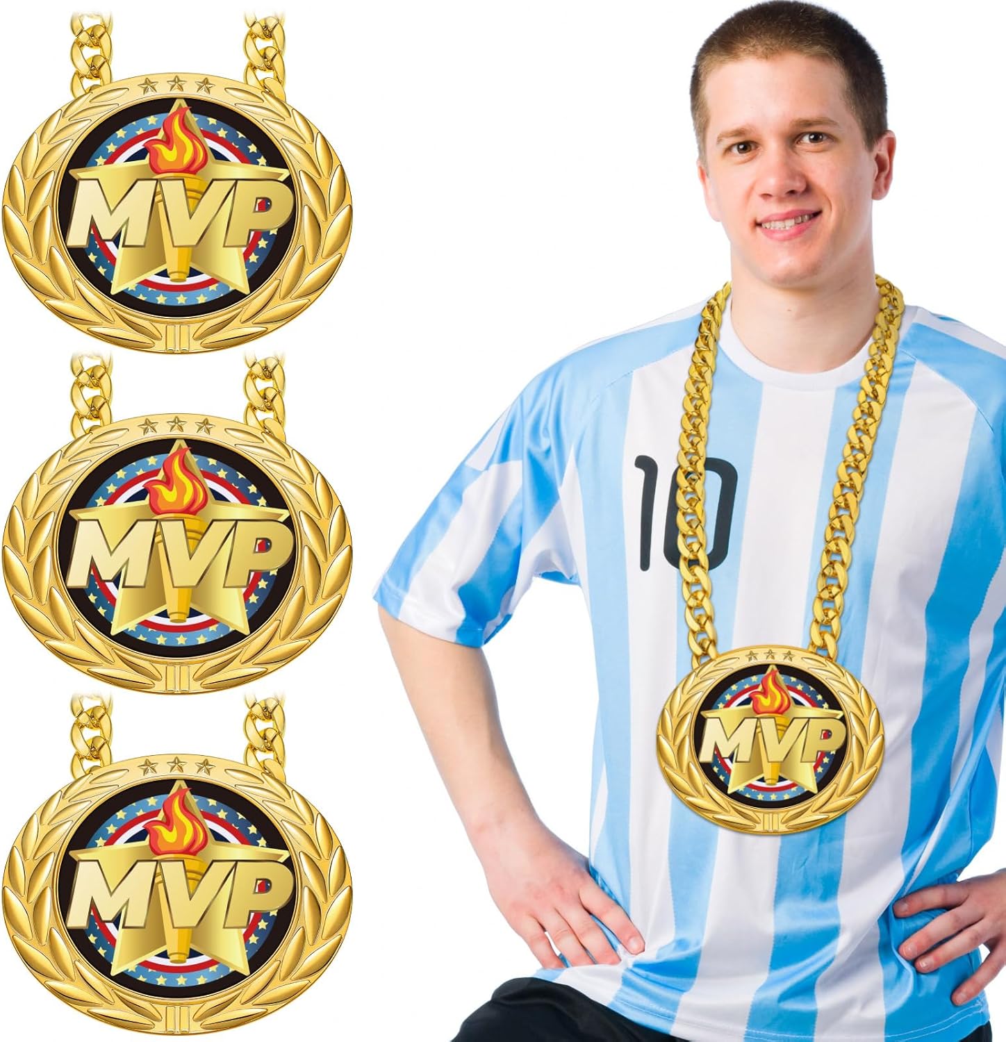 Equsion 3 Set Greatest of All Time Turnover Chain Medal 6" Big Gold MVP Champ Goat Medal Necklace Award MVP Goat Champion Chain for Football Soccer Baseball Volleyball League Sports Achievement