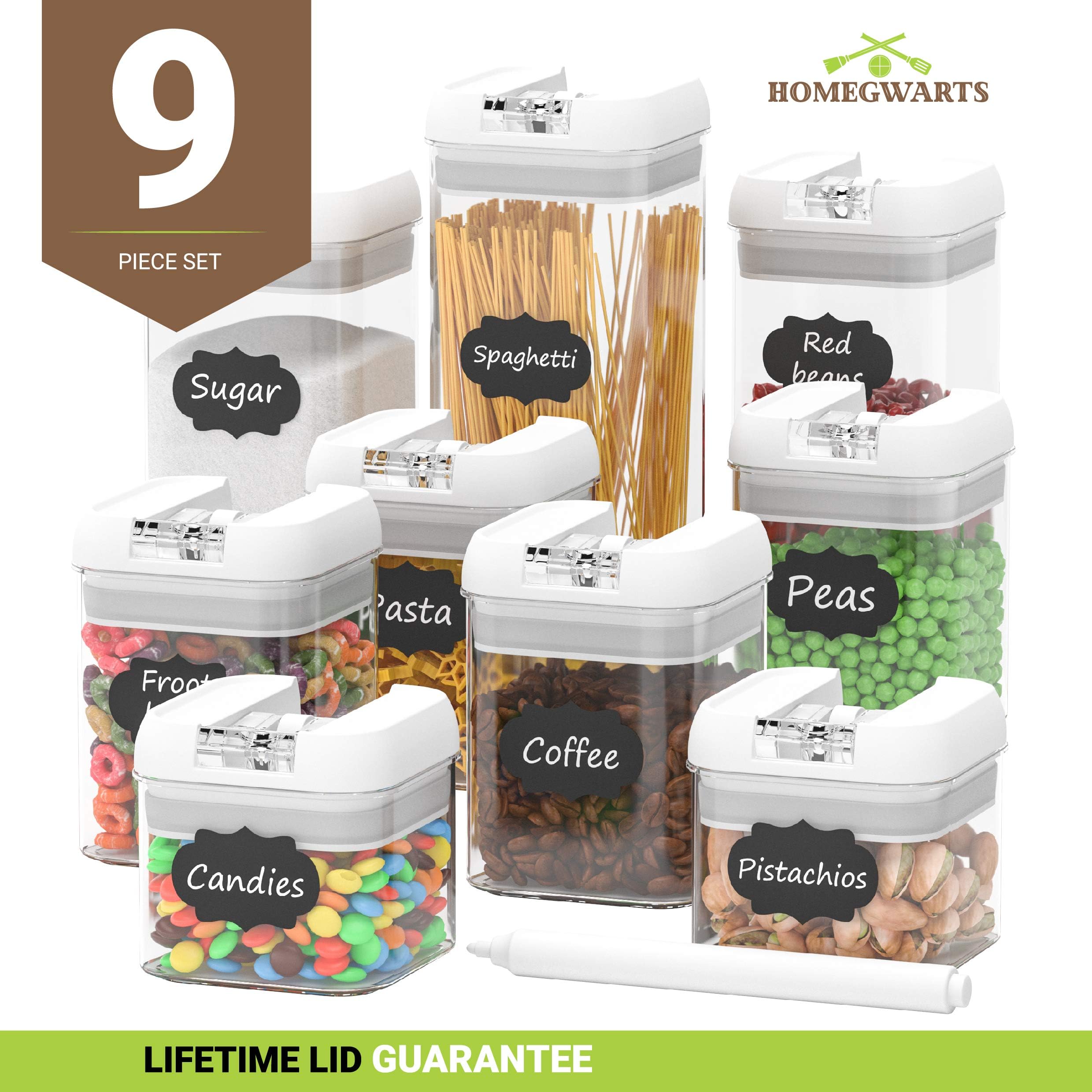 Airtight Food Storage Containers - Airtight Container Set with Lids - Food Storage Container Set - Plastic BPA Free - 9 Piece Set - BONUS 24 Labels with Marker - Heavy Duty Dry Food Storage Container