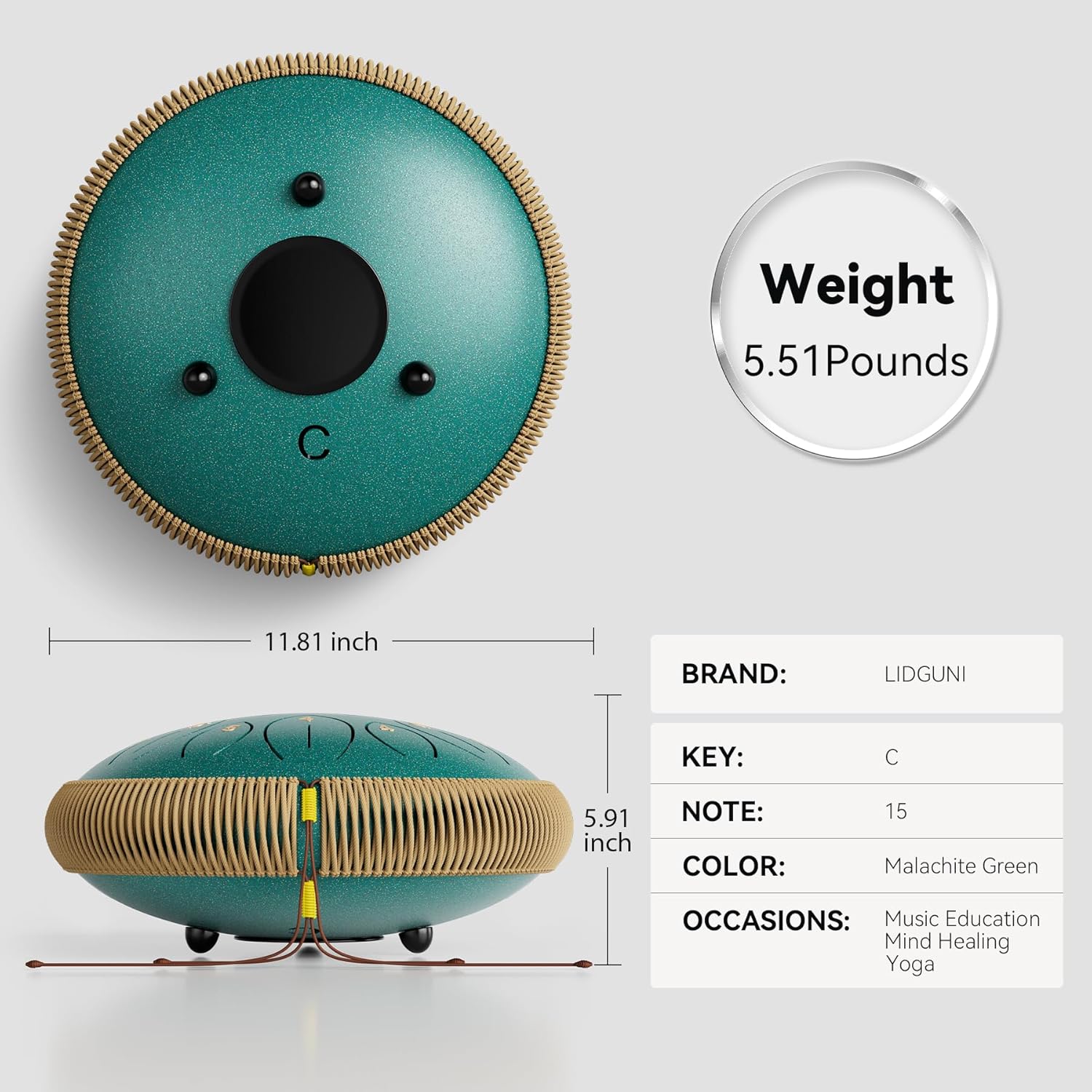 Steel Tongue Drum 12 Inch 15 Notes, Steel Drums Instruments for Kids Adults, Hand Pan Drum with Music Book, Drum Mallets and Carry Bag, Handpan C Major, Malachite Green