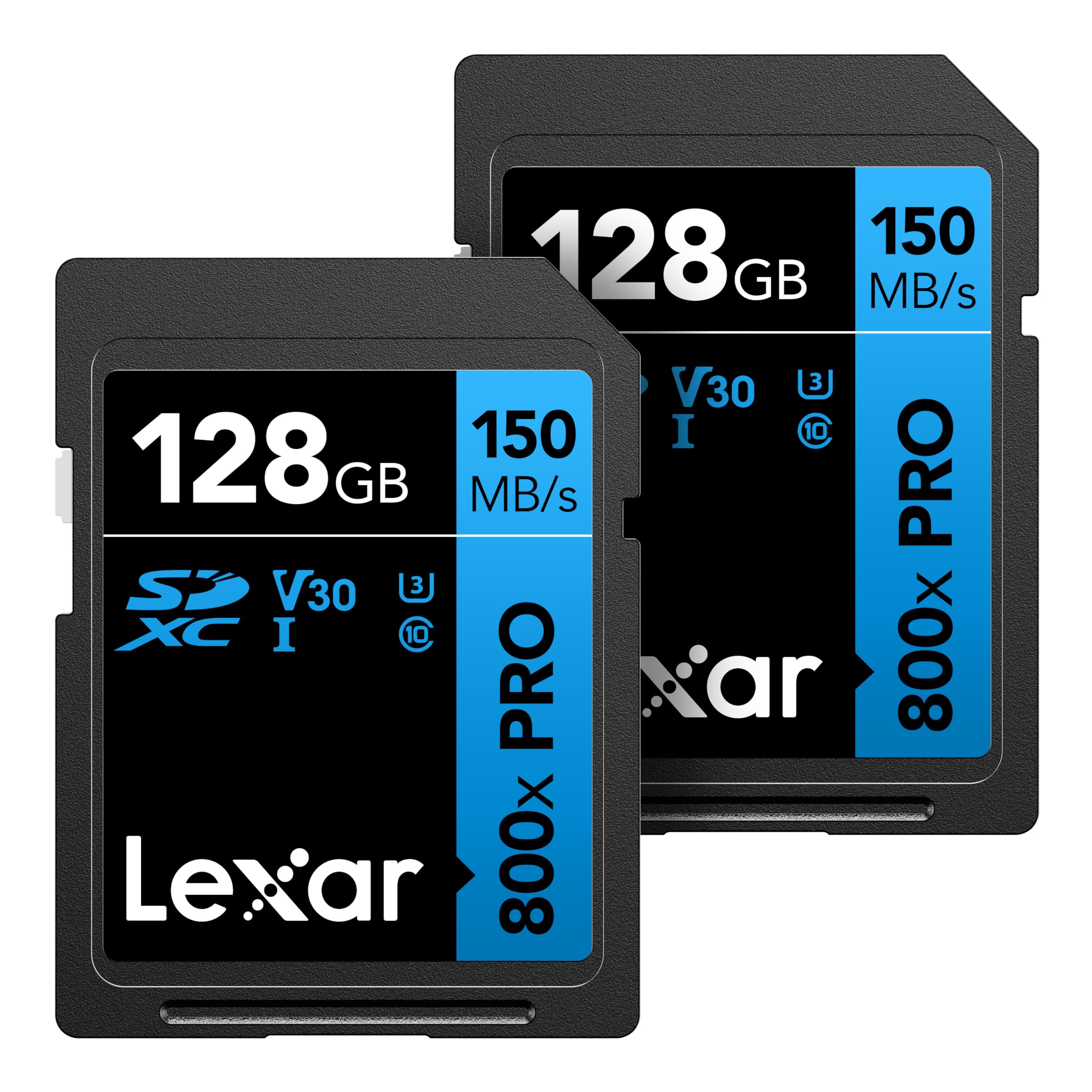 Lexar 128GB (2-Pack) High-Performance 800x PRO SD Card, UHS-I, C10, U3, V30, 4K, Up to 150MB/s Read SDXC Memory Card, for Point-and-Shoot & Mid-Range DSLR Cameras, HD Camcorders (LSD0800P128G-B2NNU)