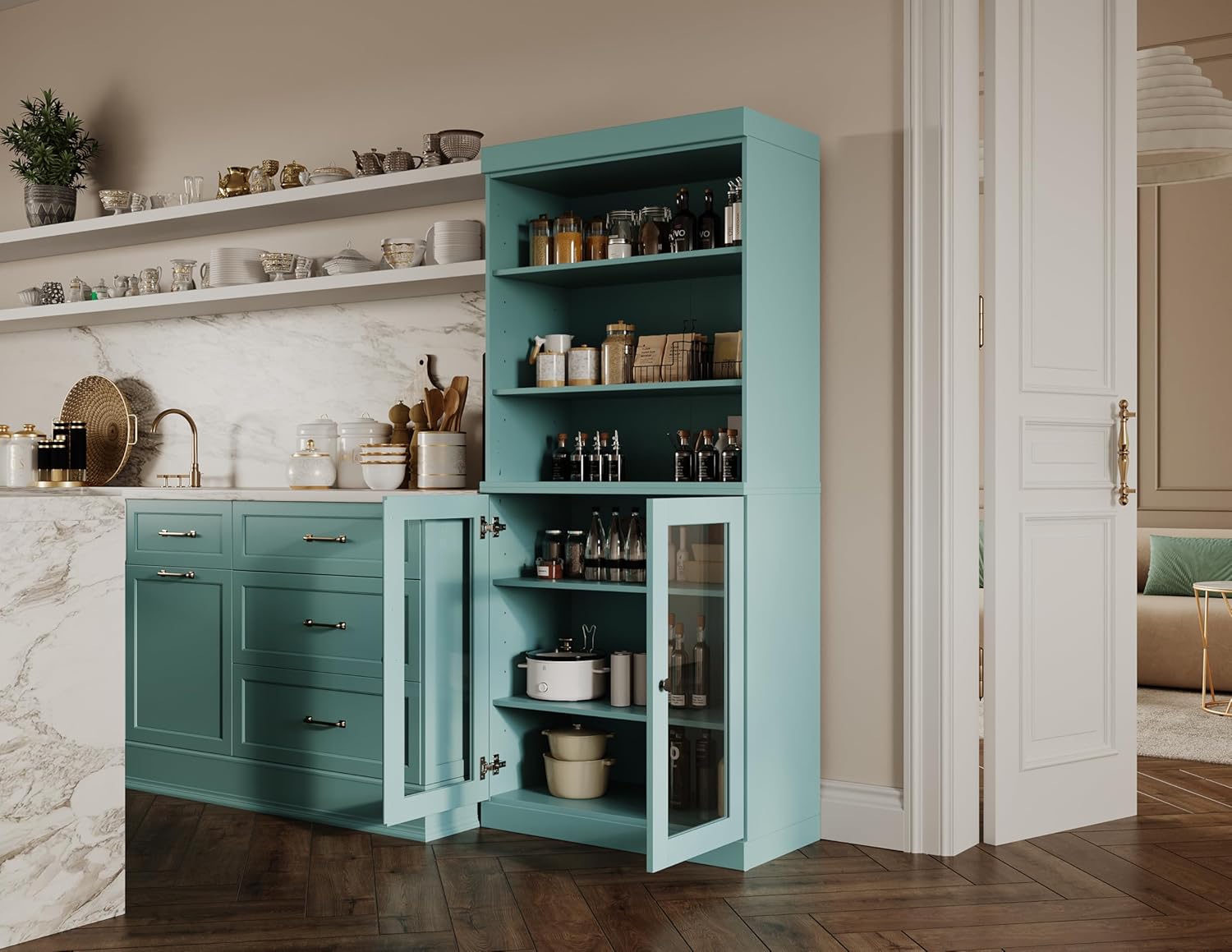 Palace Imports 100% Solid Wood Kitchen Pantry w/ 2 Glass Doors, Black, 32" w x 71.5" h, Renewable Eco-Friendly Pine, Made in Brazil