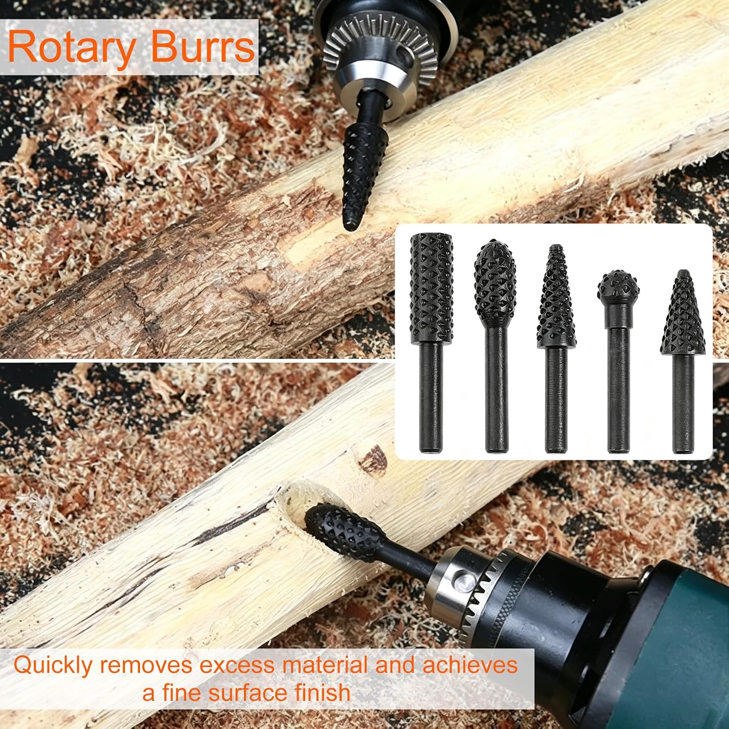 15 Pcs Wood Carving Disc Set for 4"/4.5" Angle Grinder: 5 Carbon Discs,5 Rotary Burrs,4 Rings,1 Pcs 4" 22T Chain Disc (5/8") - for Cutting,Polishing,Sculpting Hardwood/Softwood
