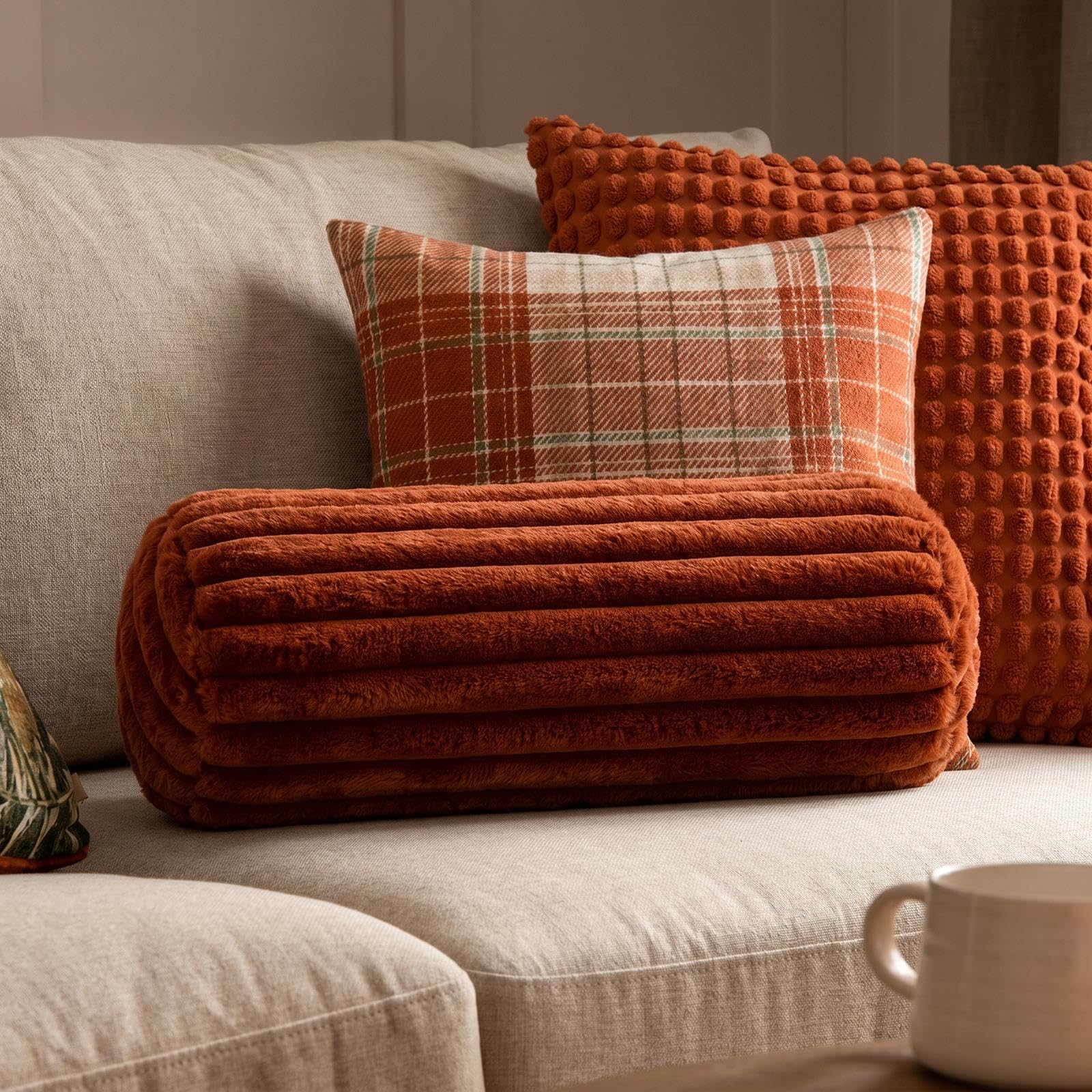 Ohs Rust Bolster Cushion Faux Fur Ribbed Cylinder Pillow Yoga Bolster,