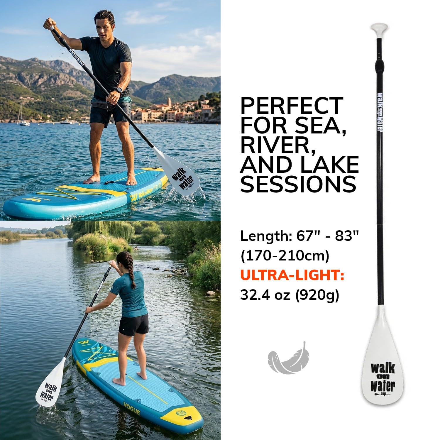WOW Walk On Water - Pagaie Sup 70% Carbone Vario 3 Parties - Ultra Légère 920g - Réglable 170-210cm - Idéale pour Mer, Rivière et Lac - Stand Up Paddle Démontable Tout Niveau