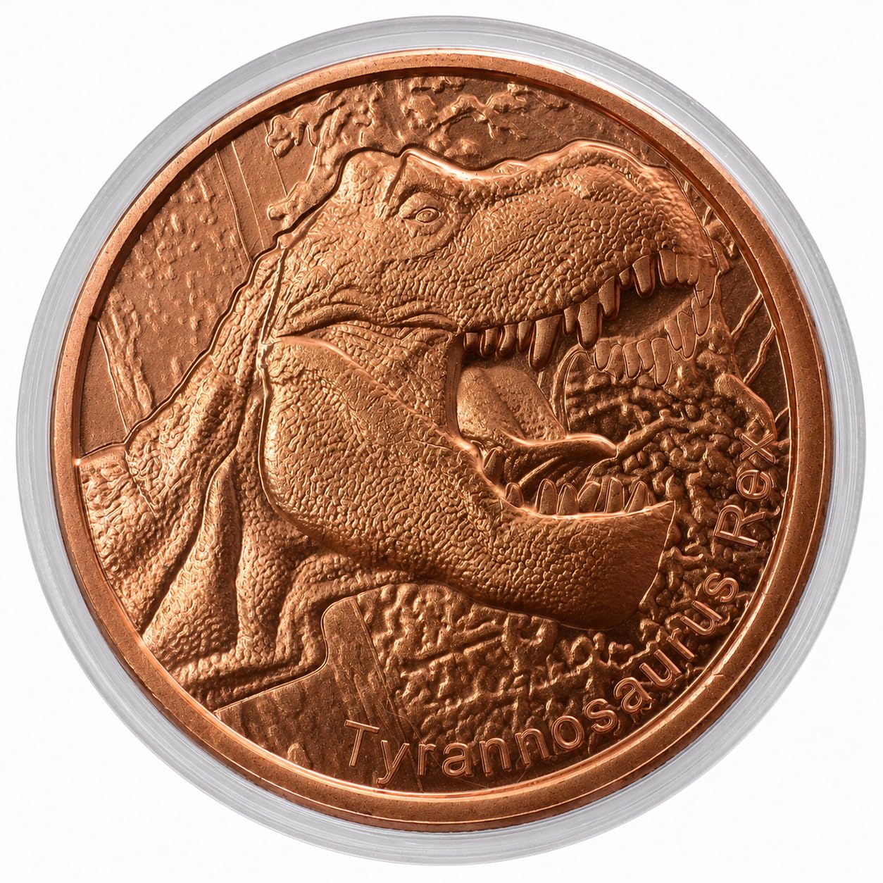 Roaring Tyrannosaurus Rex Prehistoric Dinosaur - 1 oz .999 Pure Copper Round Collecticble 39mm Challenge Coin in Capsule - COA by Heavenly Metals