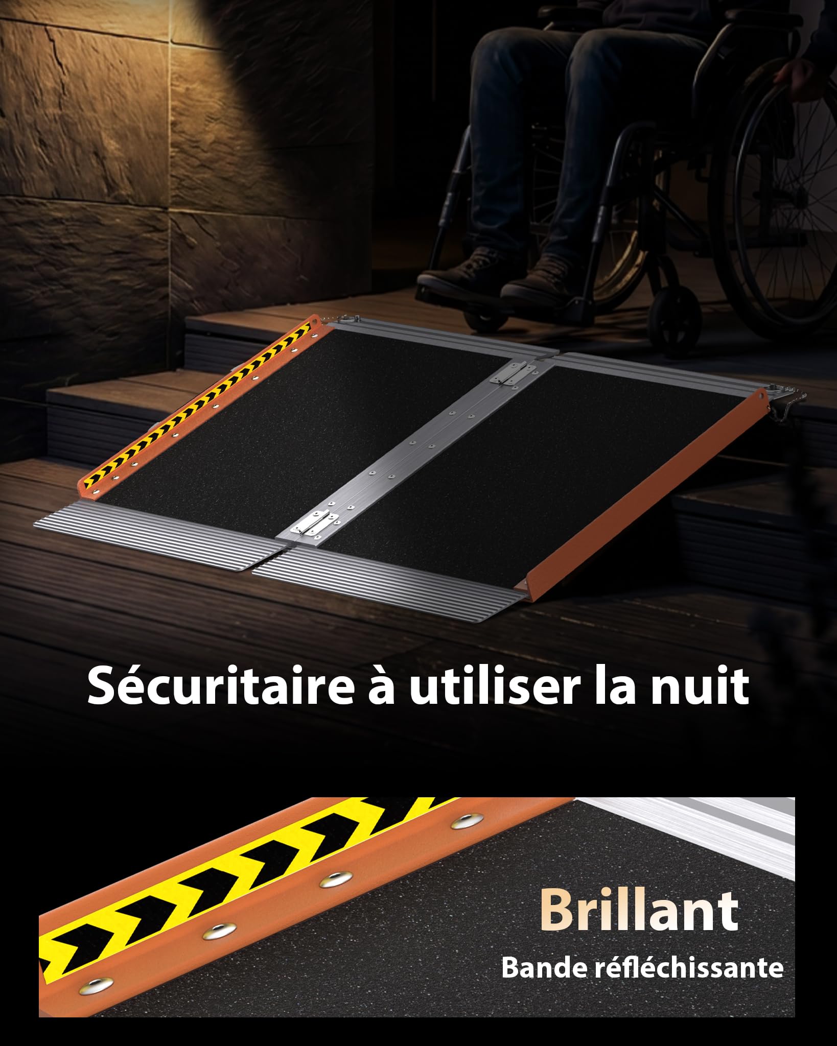 FACHNUO 2 pieds Rampe pour fauteuil roulant pour les marches à domicile, Rampe de seuil pliable portable pour les portes avec fond auto-ajustable, Rampe handicapée en aluminium antidérapant avec