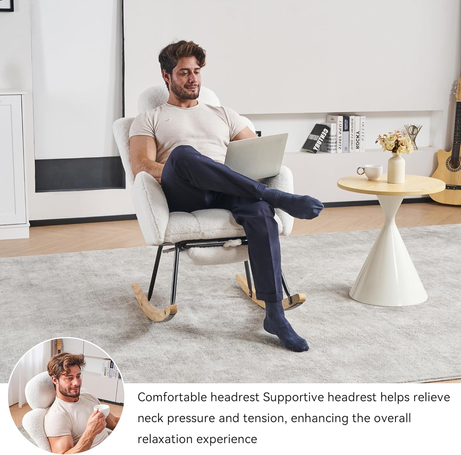 FOXHUNTER Rocking Chair Nursery, Teddy Glider Rocker with Adjustable Headrest and Footrest, Upholstered Rocker Recliner Chair for Living Rooms Bedrooms Offices, Teddy Ivory Ivory Complete Bundle image 4 of 7 B0DM18M7RS