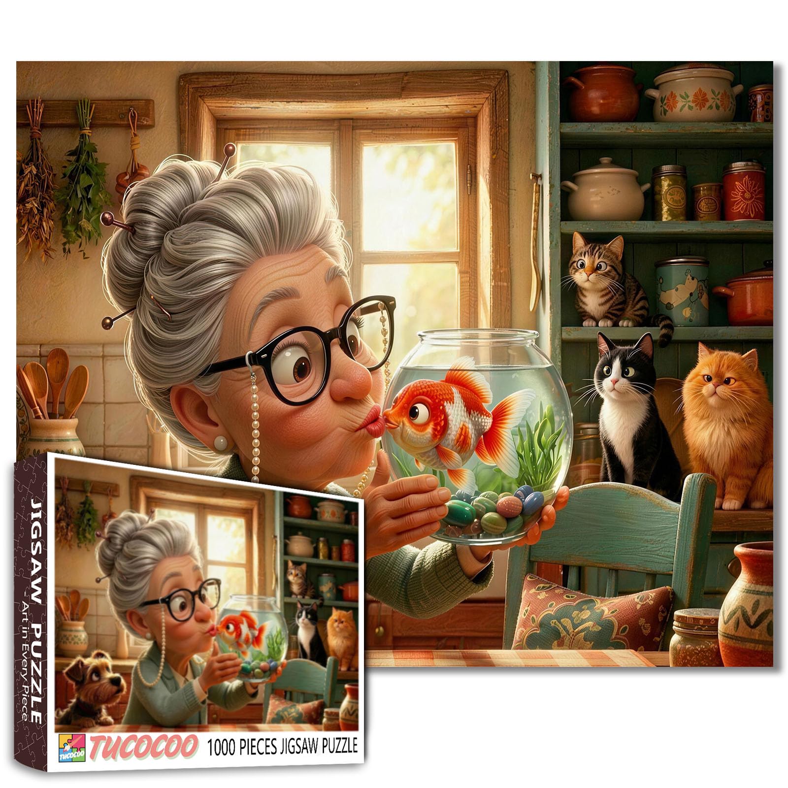 Grandma Kissing Goldfish Jigsaw Puzzles for Adults 1000 Pieces Kitchen Scene DIY Puzzles for Family Activity Games Elderly Lady Art Jigsaw Puzzles Home Wall Decor Craft Gifts 19.7 x 27.6 Inch — image 1