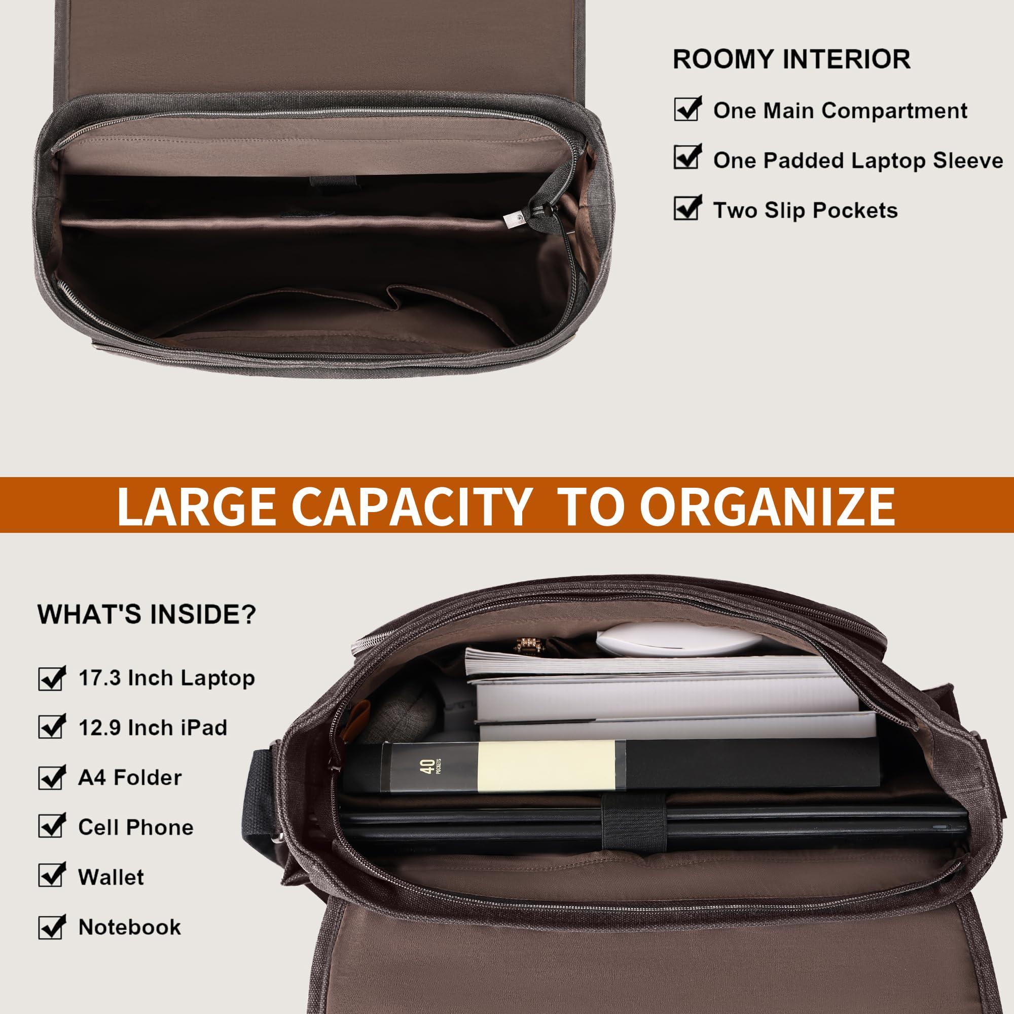 ESTARER 15.6-17.3 Inch Laptop Messenger Bag for Work School,Mens Water Resistant Canvas Crossbody Shoulder Bag