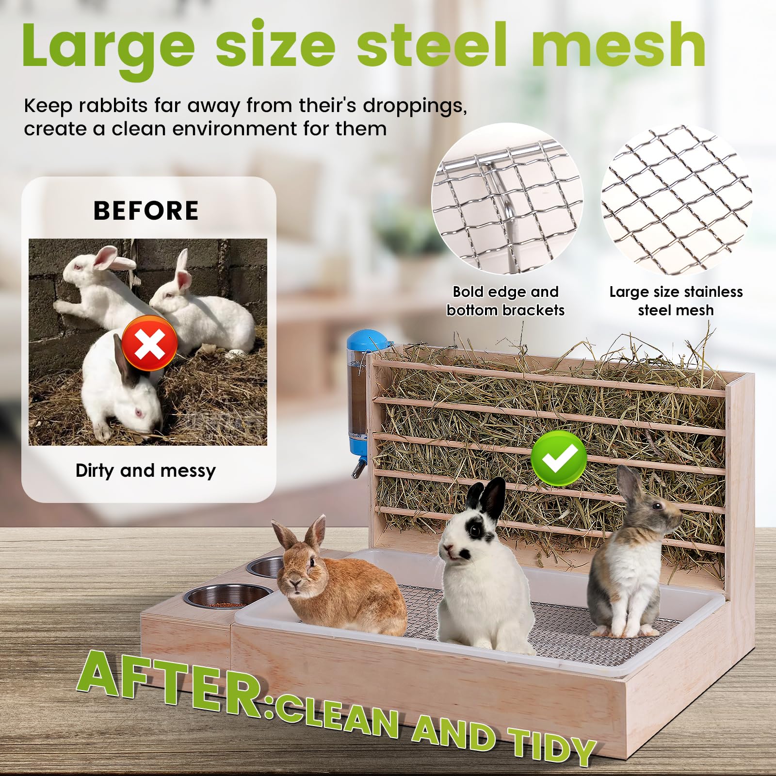 4 in 1 Groß Heuraufe Kaninchen Holz Futterspender Heu Kaninchen mit Katzentoilette Wasserflasche Futternäpfe für Hamster Hölzerner Hasenfutterautomat Heuhaltergestell für kleine Haustiere