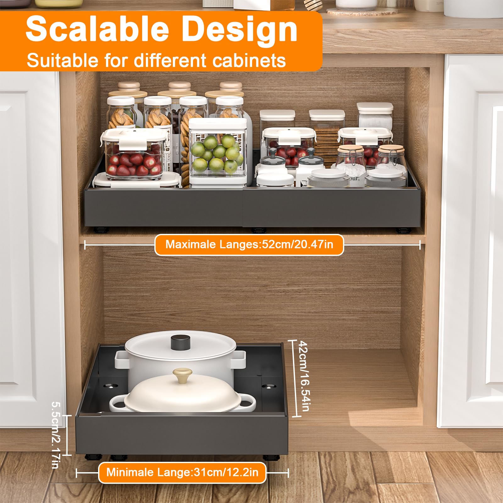 Diealles Shine Tiroir Coulissant Cuisine, Lot de 2 Largeur Réglable de 31-52CM Tiroir Coulissant Placard, Panier Coulissant pour Placard Rangement pas de Perçage Nécessaire