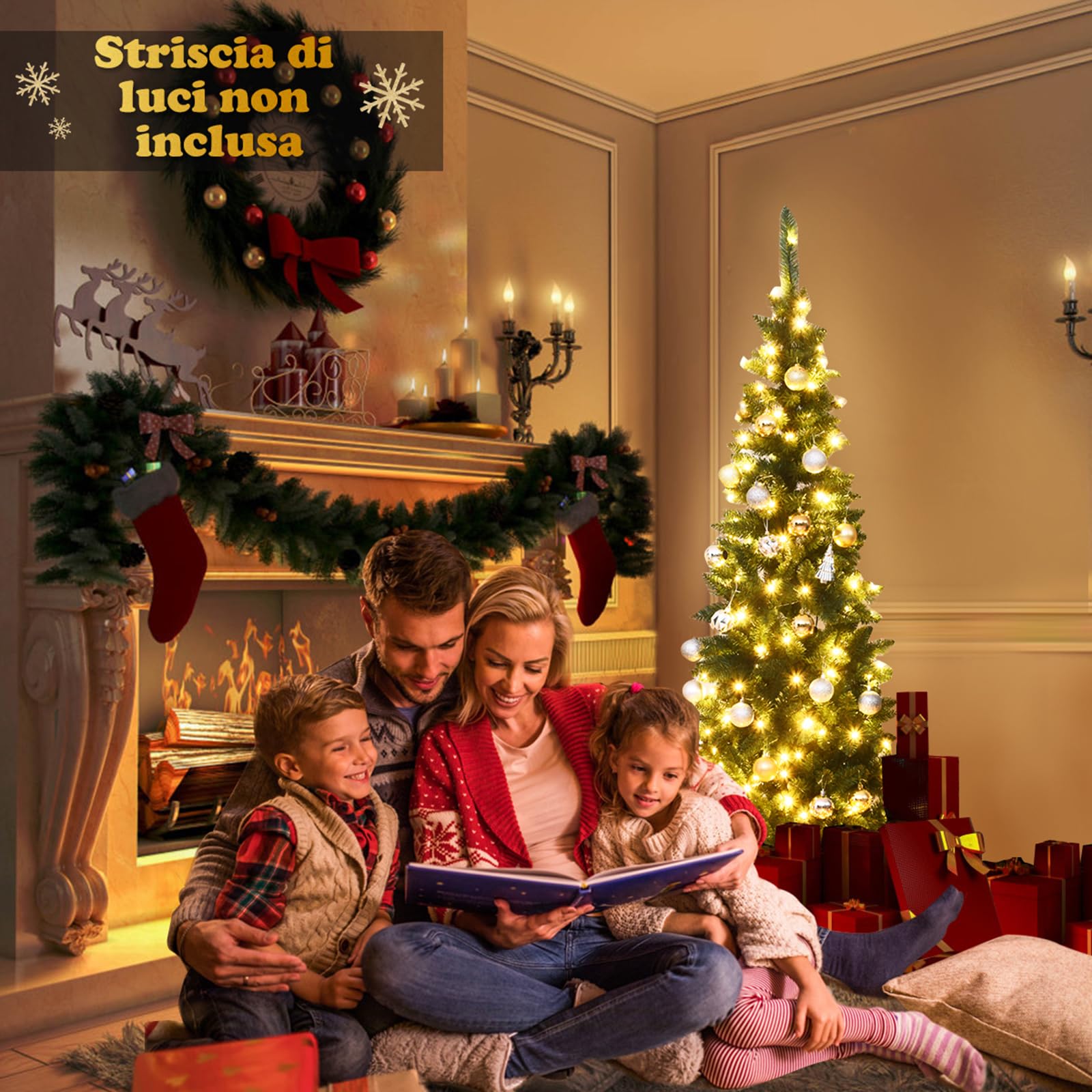 COSTWAY Albero di Natale 135/200/225 cm, Albero di Natale Slim con 150/250/350 Luci a LED Calde, 226/708/1085 Rami Folti e Base di Metallo, Ideale per Casa, Ufficio e Negozio (200 cm)