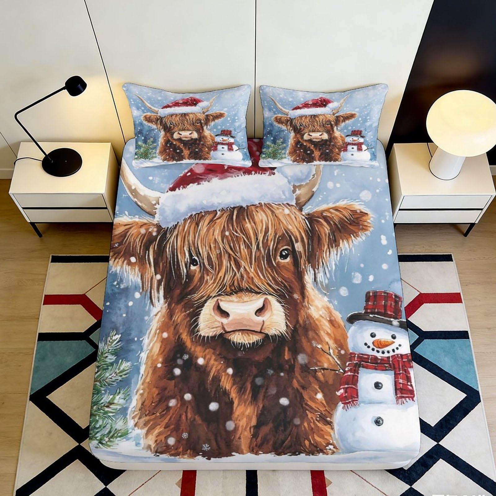 3D Printed Christmas Highland Cow Fitted Sheet Microfiber Soft Snowman Bed Cover for Bedroom Dorm Easy Care 90x200x25cm
