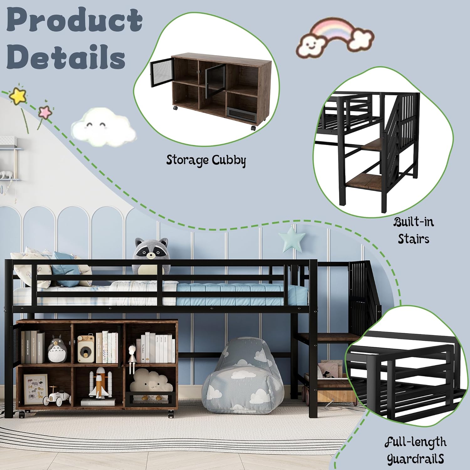 Low Loft Bed with Stairs, Metal Kids Loft Bed with Storage Cubby, Twin Low Loft Bed with Safety Guardrail and Under-Bed Play Space for Girls Boys,No Box Spring Needed,Black