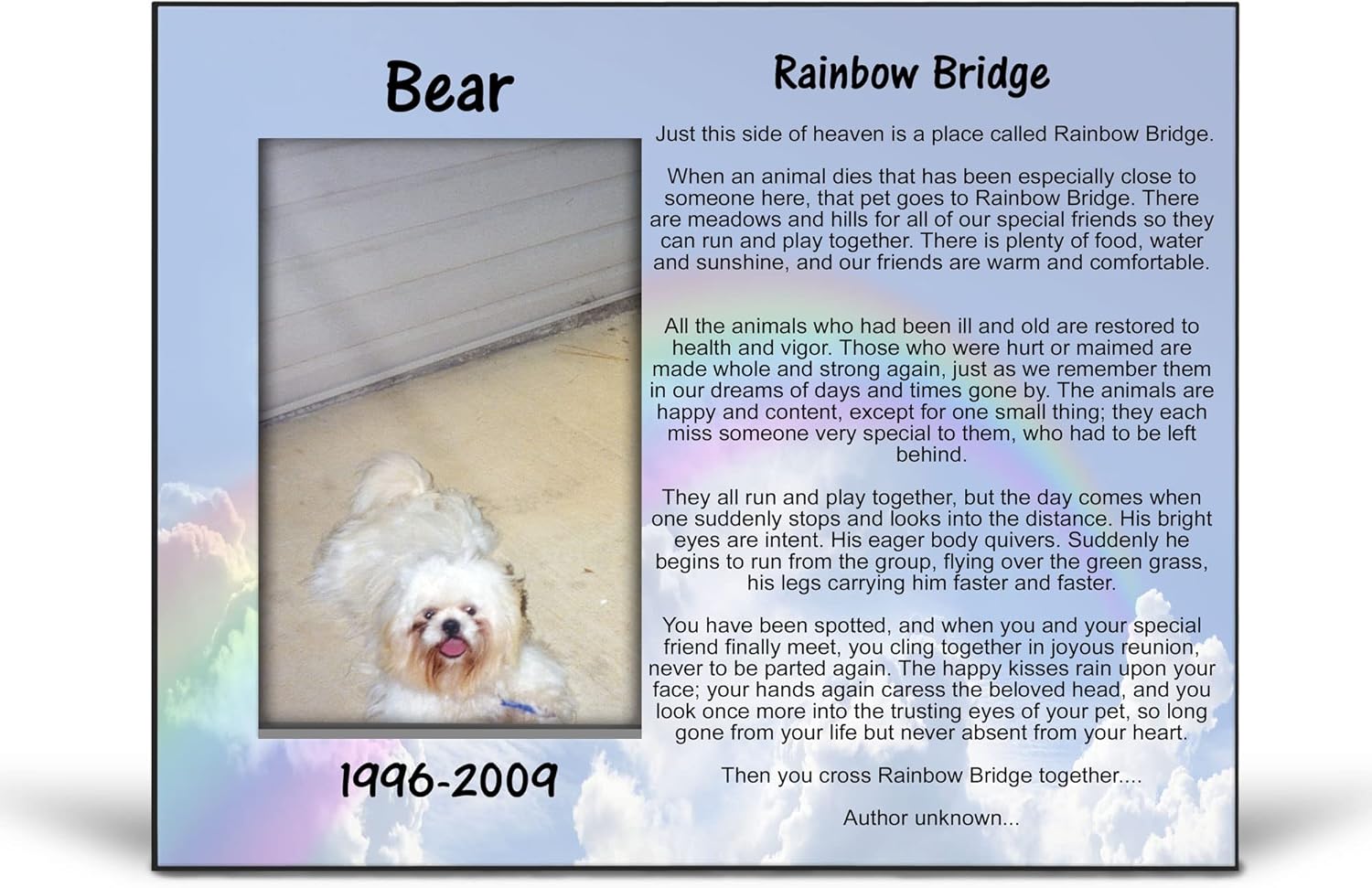 Rainbow Bridge Pet Memorial Picture Frame with Rainbow Bridge Poem | 4x6 Photo Frame
