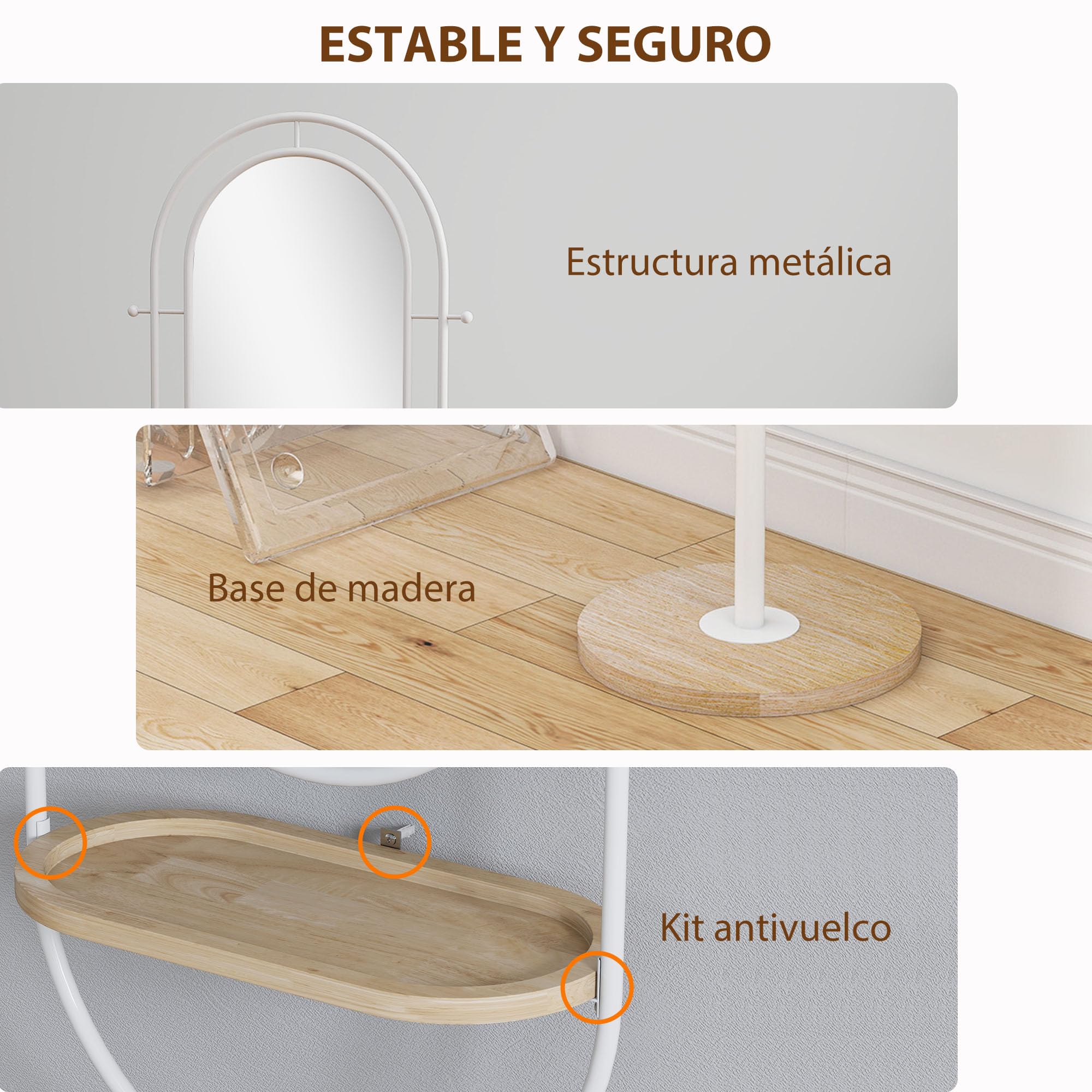 HOMCOM Espejo de Cuerpo Entero 175,5x50 cm con Bandeja de Madera y 4 Ganchos Espejo de Pie con Marco de Metal para Dormitorio Salón Blanco