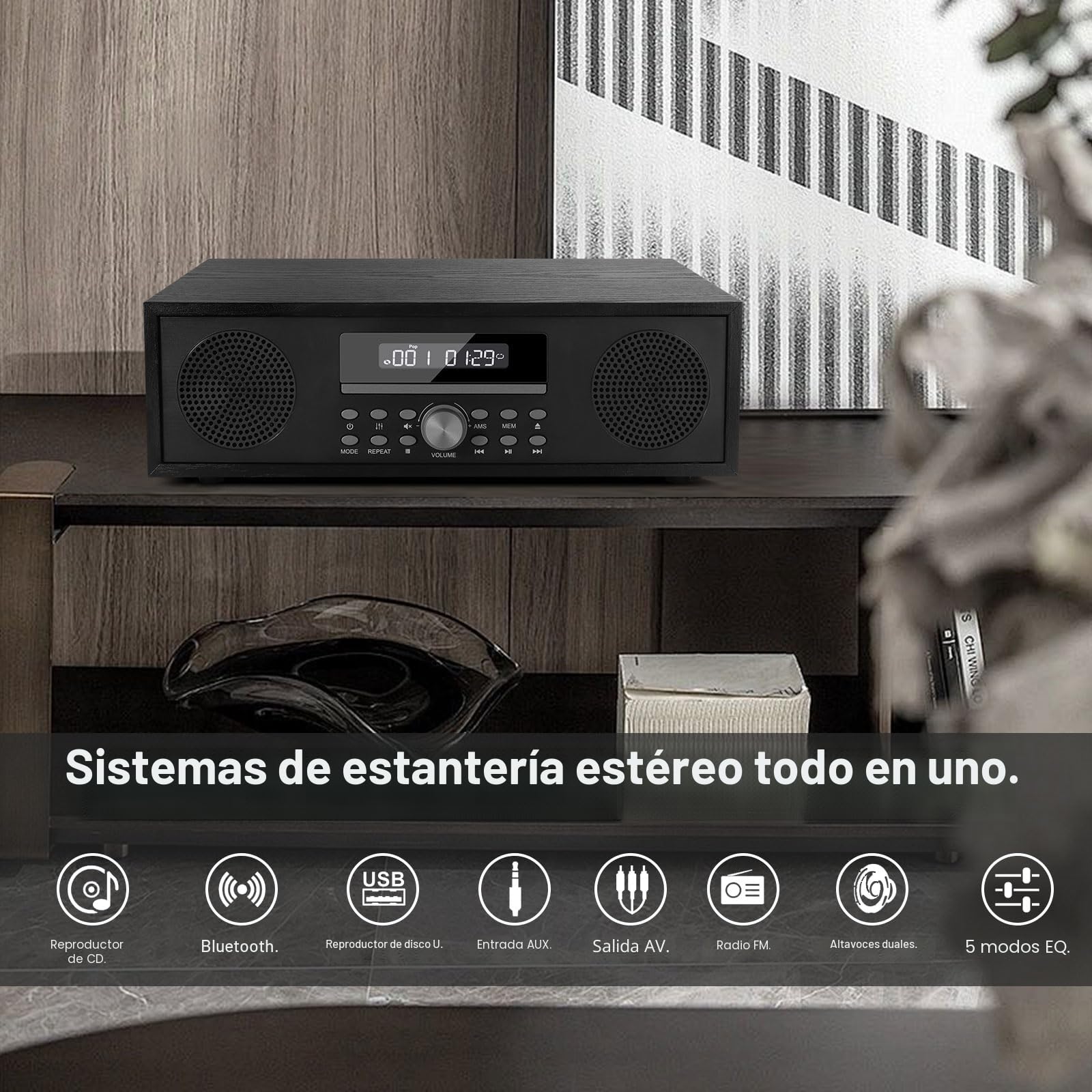 Microcadena CD con Bluetooth, Microsistema Compatible con CD MP3, Radio FM, Estéreo Hi-Fi con Entrada USB AUX, Sistema de Música Reproductor de CD con Salida de Audio, Toma de Auriculares (CD-169)