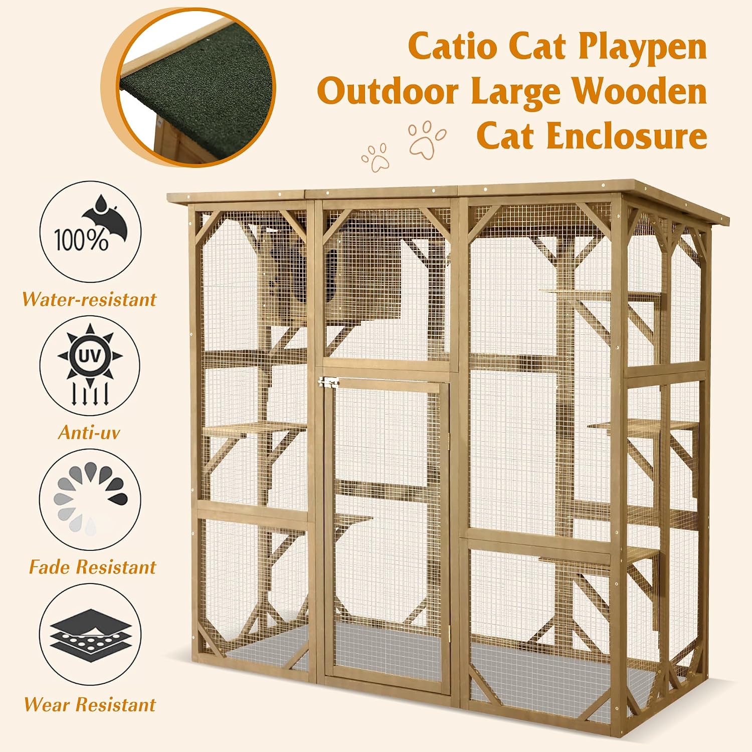 Large Catio Outdoor Cat Enclosure Cat House Indoor Catio Cat Play Run Enclosures Outside with Platforms Waterproof Roof Super Large Enter Door, Balcony Large Exercise Place Ideal (Natural)