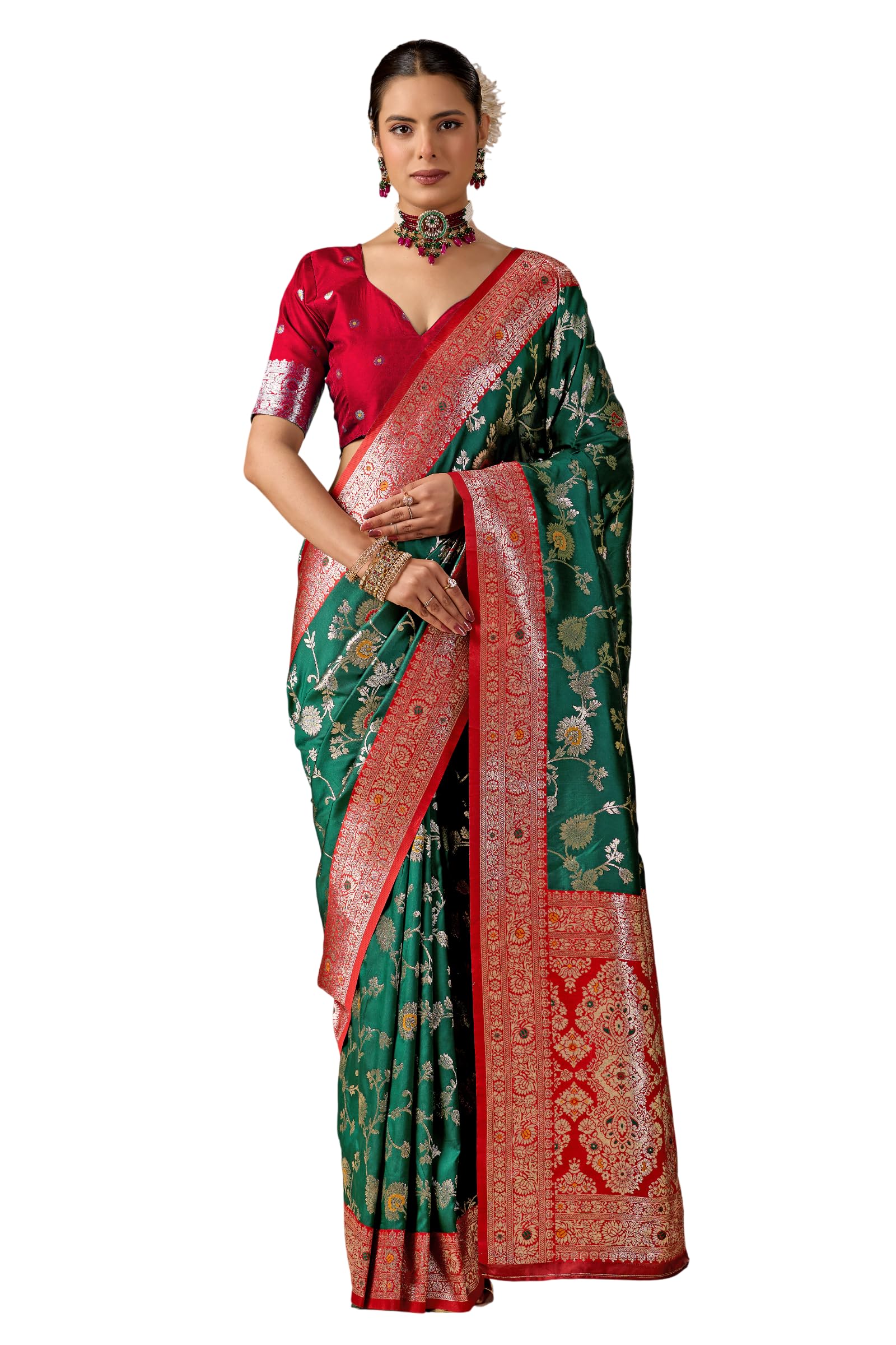 Woman Banarasi Soft Silk Saree with Blouse Piece-image-8
