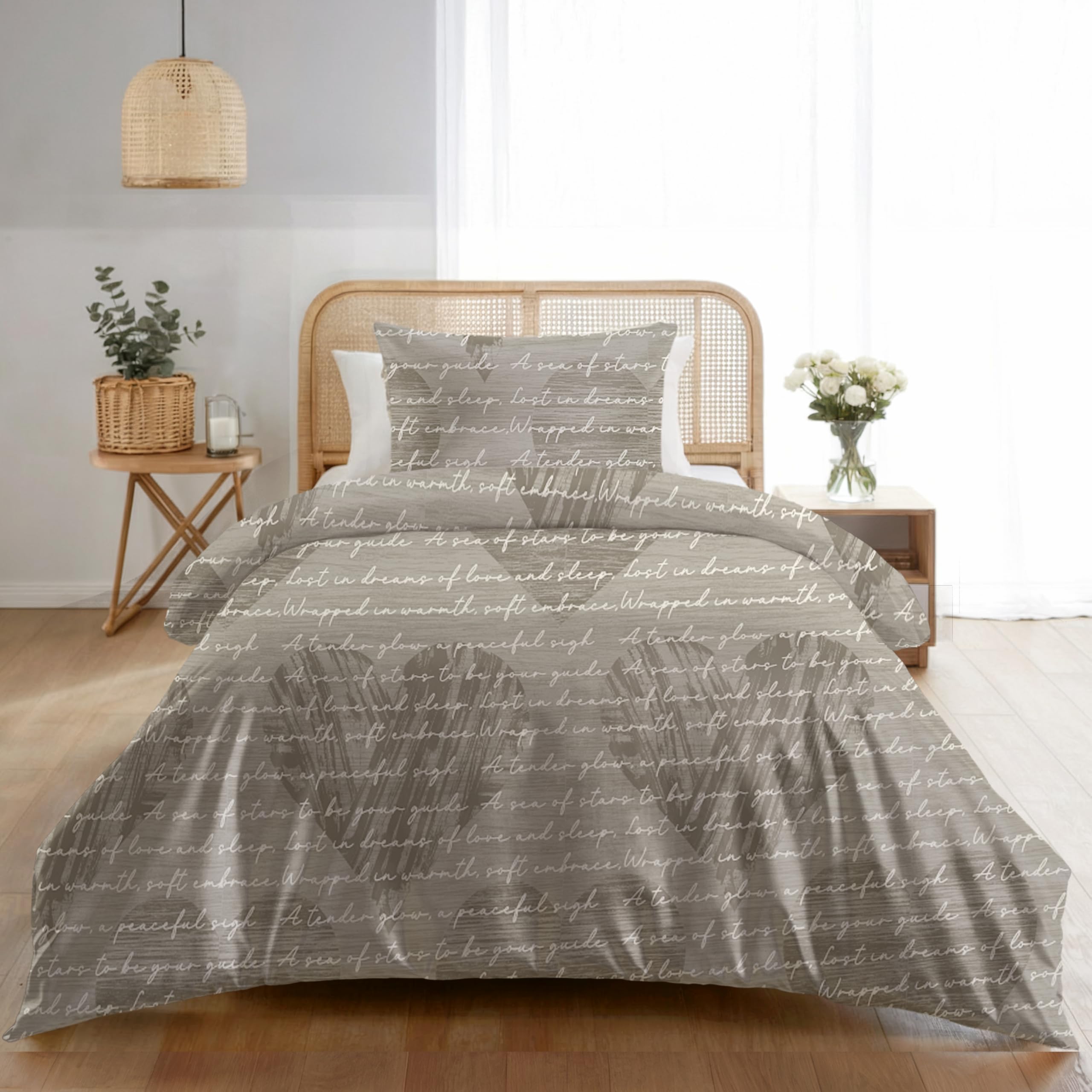 Dreamzie Bettwäsche Set 135x200 cm mit 1 Kissenbezug 80x80 cm – Herztext-Muster – Bettwäsche für Einzelbett aus 100% Mikrofaser – Oeko-Tex Zertifiziert – Ohne Schadstoffe