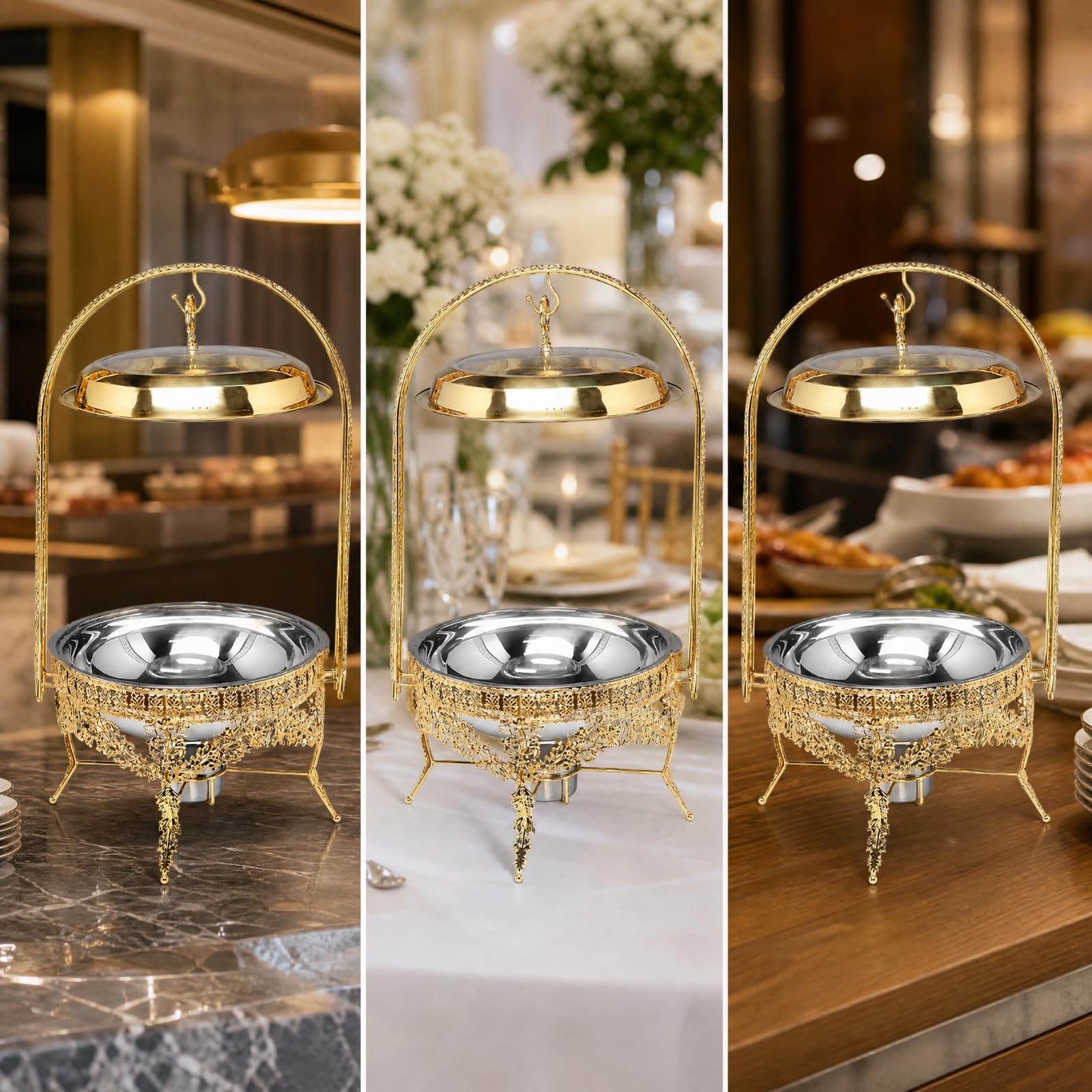Calentador Buffet con Cuenco Redondo y Soporte Arqueado Decorativo para Catering, Bodas, Reuniones Familiares, Estilo B