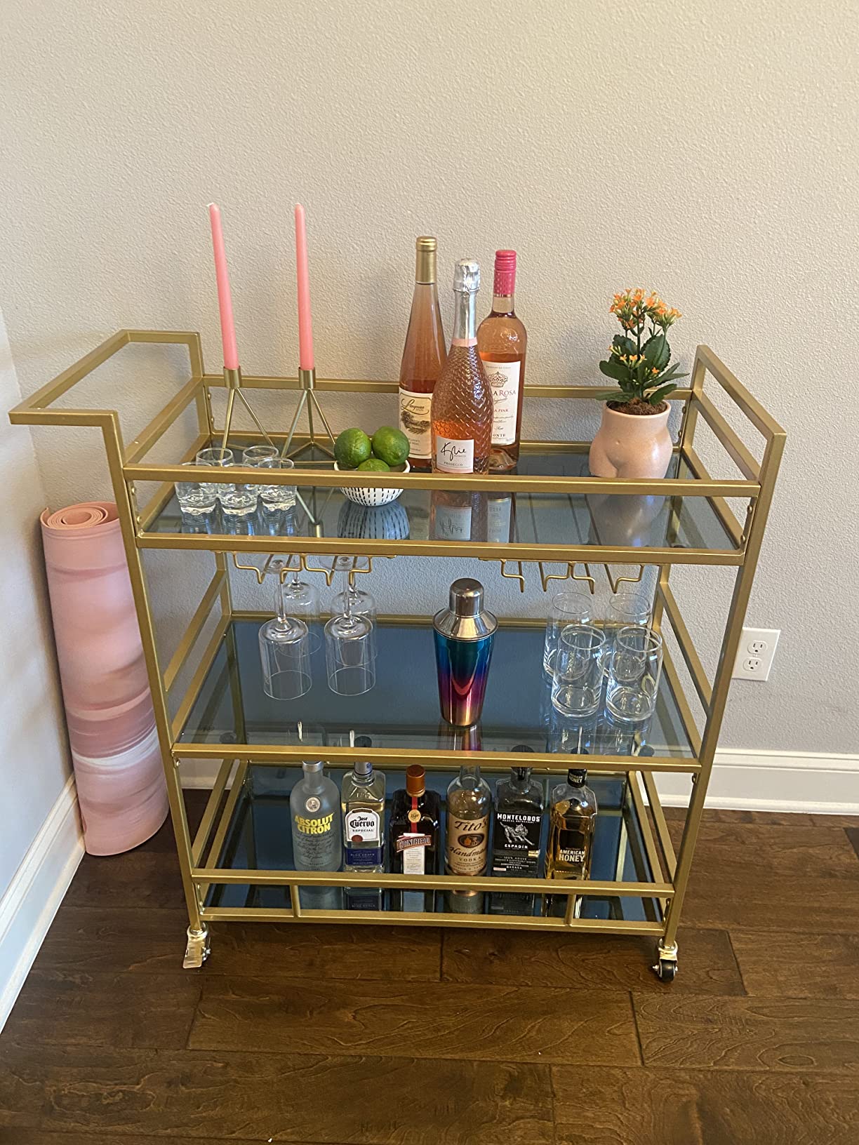 24/mo Finance LORMITER Gold Bar Carts with 3 Tier Glass Shelves