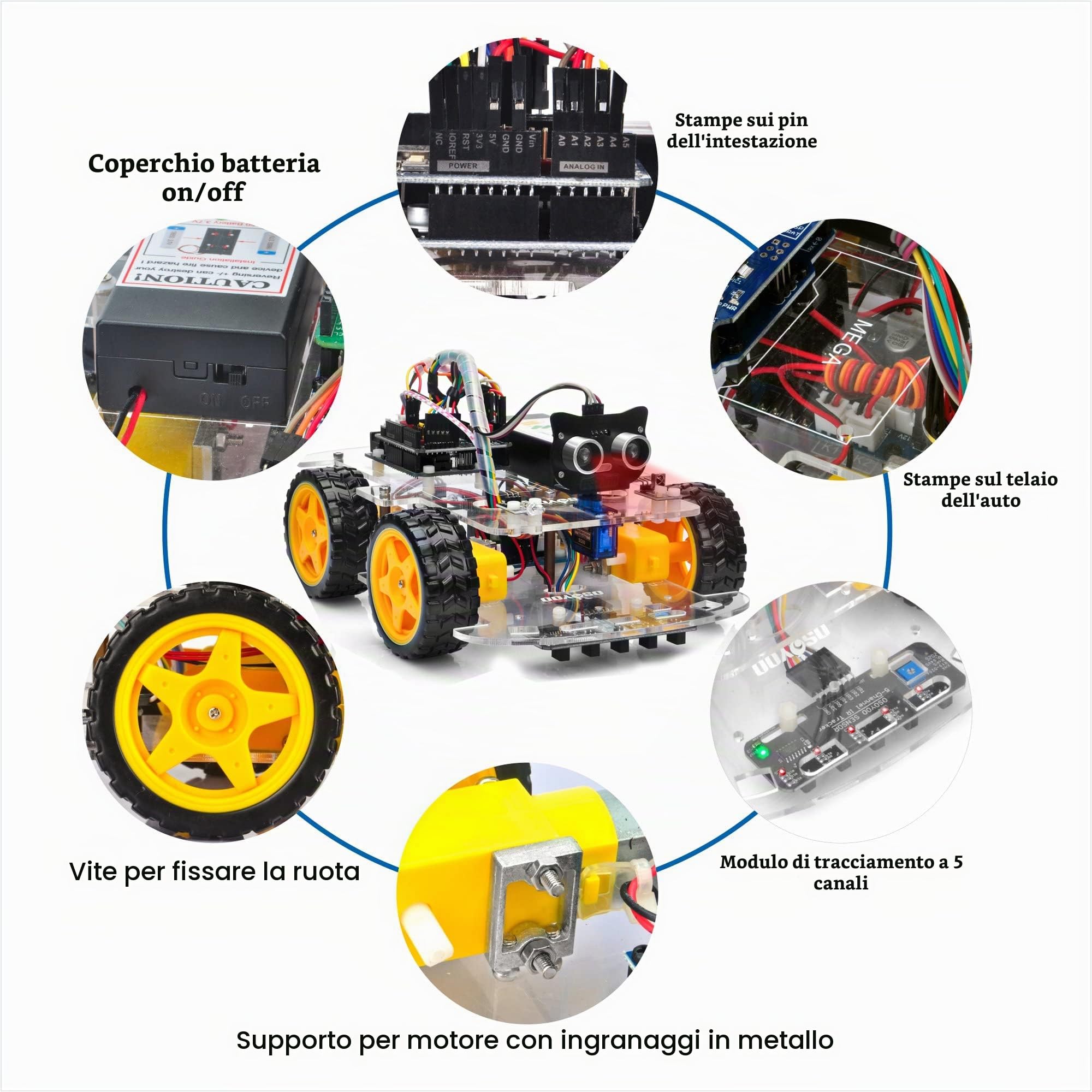 OSOYOO Smart Robot Car Kit for Arduino |Scheda di Controllo, tracciamento delle Linee, sensore a ultrasuoni, Bluetooth, Telecomando a infrarossi, App Mobile - Batteria e Caricabatterie Inclusi
