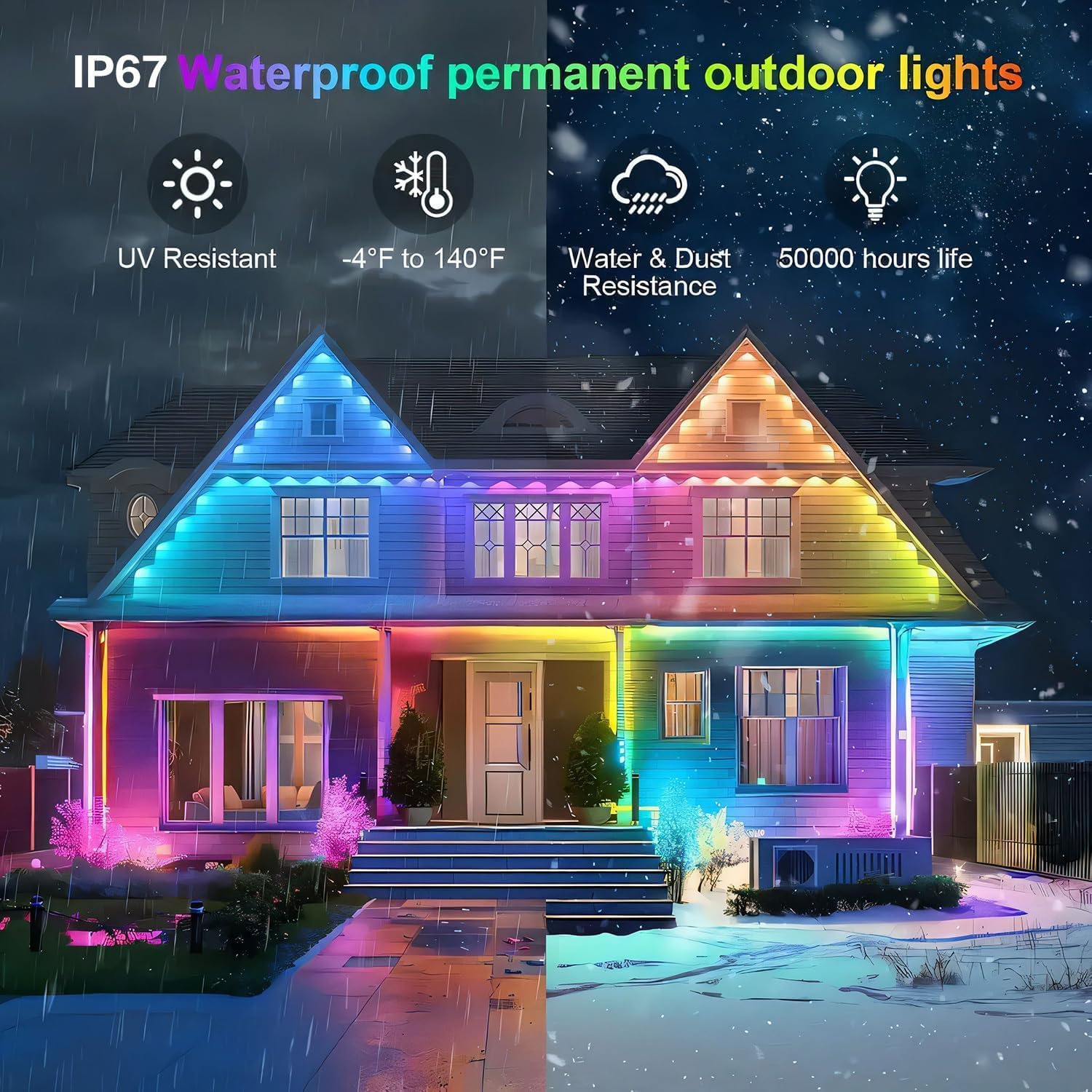 Permanent Outdoor Lights, 33Ft IP67 Waterproof Smart RGB Outdoor Eaves Lights with App/Remote Control, DIY Scene Mode, Accent Lighting for Outside Roofline, Garden, Party, Holiday Xmas Decor.