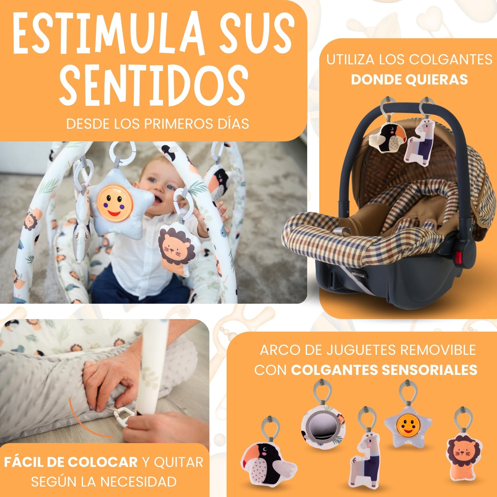 Nido de Bebé Recién Nacido 0-6 Meses - Reductor de Cuna 90cm con Arco de Juegos (5 Piezas Sensoriales) - Nido Colecho de Algodón Transpirable, Desmontable y Lavable