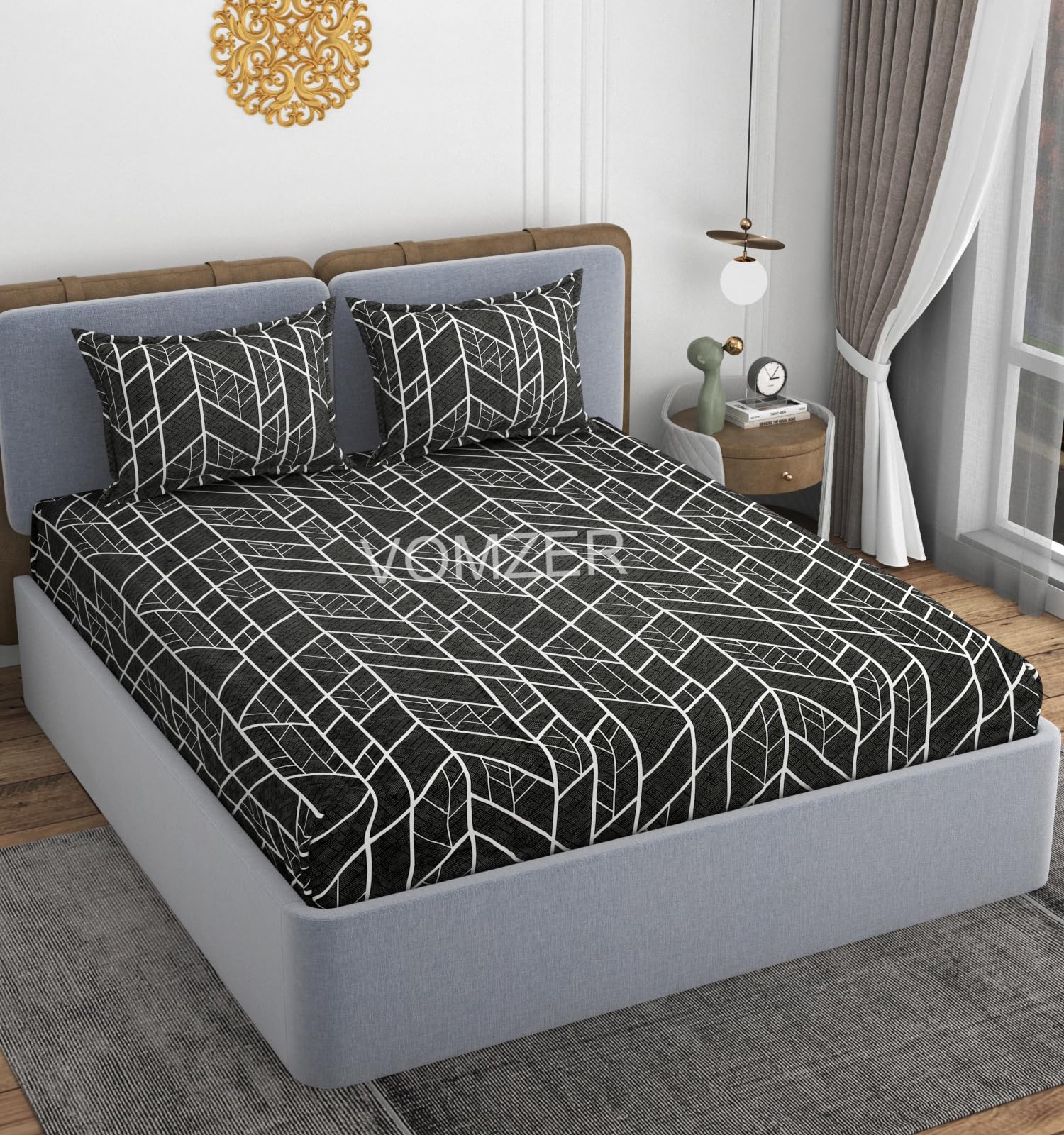 VOMZER 320tc Cotton Feel All Around Elastic Fitted Glace Printed Queen Size Double Bed Bedsheet with 2 Large Pillow Covers Fits Upto Mattress of 8 Inches, Size - 60 x 78 x 10 Inches Line Black