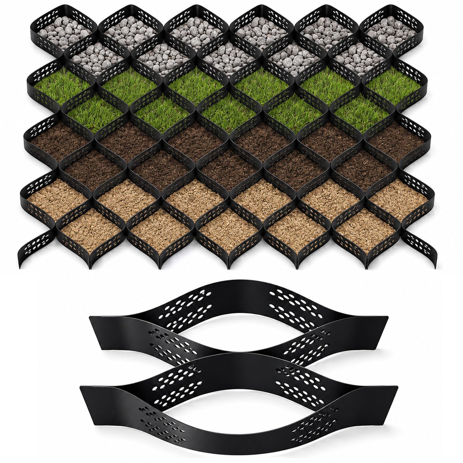 5cm Depth Ground Grid, 10x3 m, High-Density HDPE Geo Cell, Foldable & Tensile, Easy Installation with Accessories, Ground Grid for Gardens, Driveways, Pathways Black
