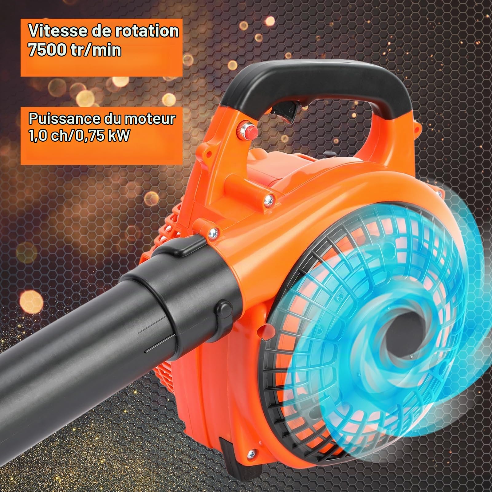 Roadoor Souffleur Thermique à Essence 26cc Puissant, SOUFFleur Portable sans Fil pour Feuilles et Jardin, Débit d'air 9,8 m³ / Min, Vitesse 250 km/h, Moteur 2 Temps REFROIDI par AIR Orange