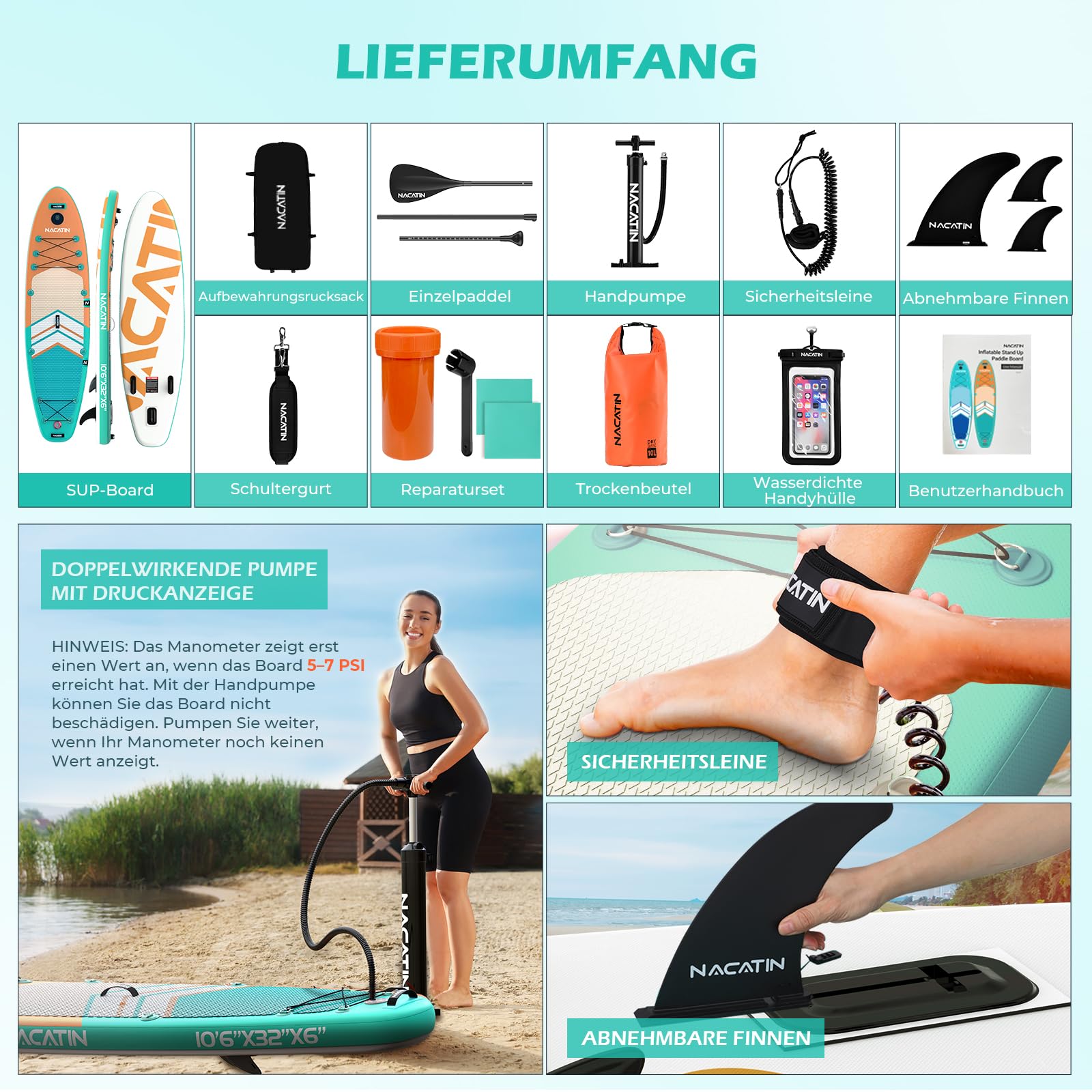 NACATIN SUP Board für Erwachsene, aufblasbares Stand Up Paddling Board 320cm (10ft 6in), mit verstellbarem Paddel, Pumpe, Rucksack, Reparaturset, ideal für Anfänger & Fortgeschrittene