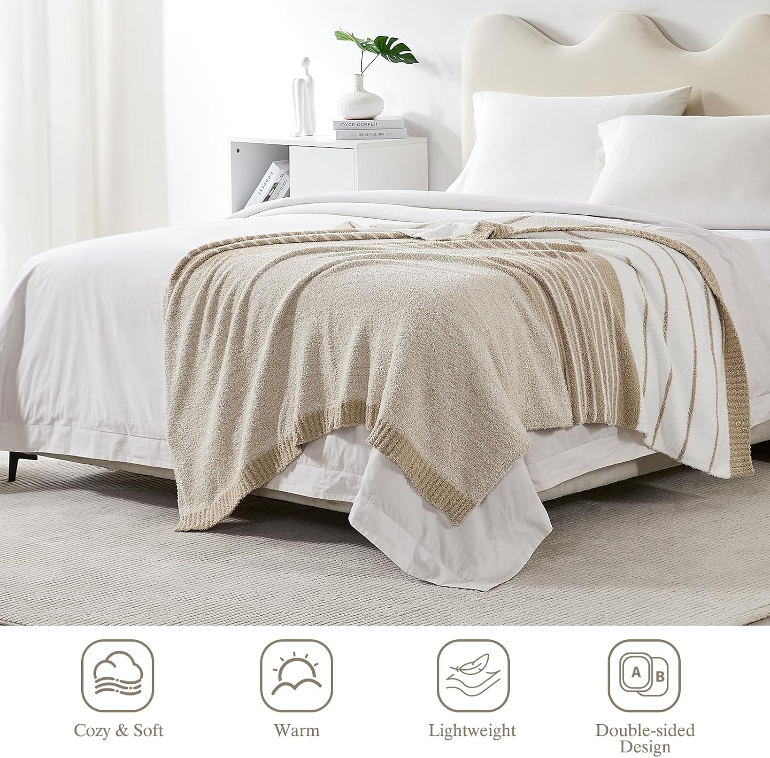 Throw Blanket, Taupe White Soft Cozy Fluffy Striped Throw Blankets for Couch, Sofa, Bed, Chair, Warm Fuzzy Plush Lightweight Decorative Stripe Blanket, 50x60 inches - Image 2