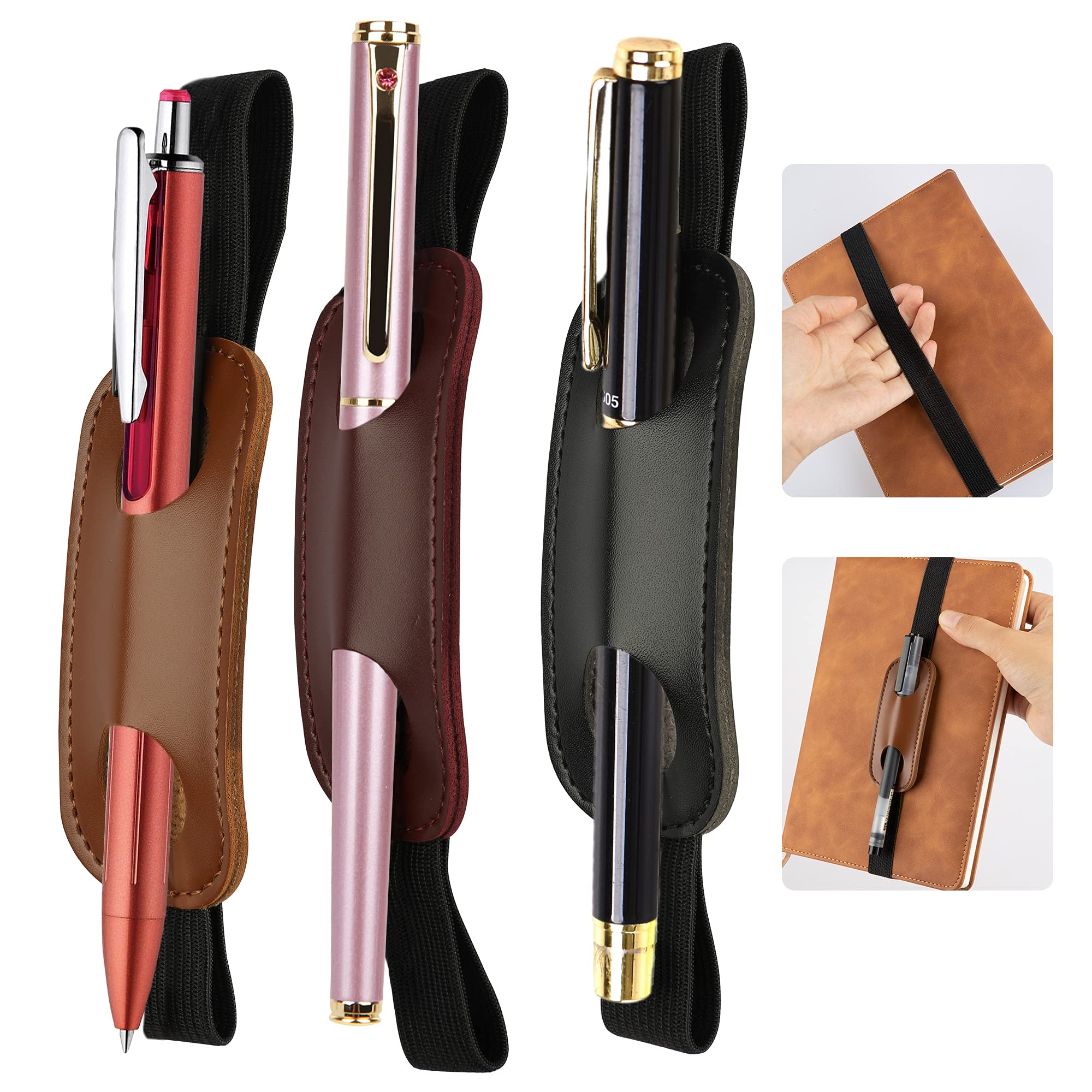 MISAZ 3 Pieces Pen Loop Holder,Adjustable Elastic Band Pen Holders,PU Leather Pen Sleeve,Detachable Pouch Fountain Pen Holder,For Journals,Notebooks,MISAZ