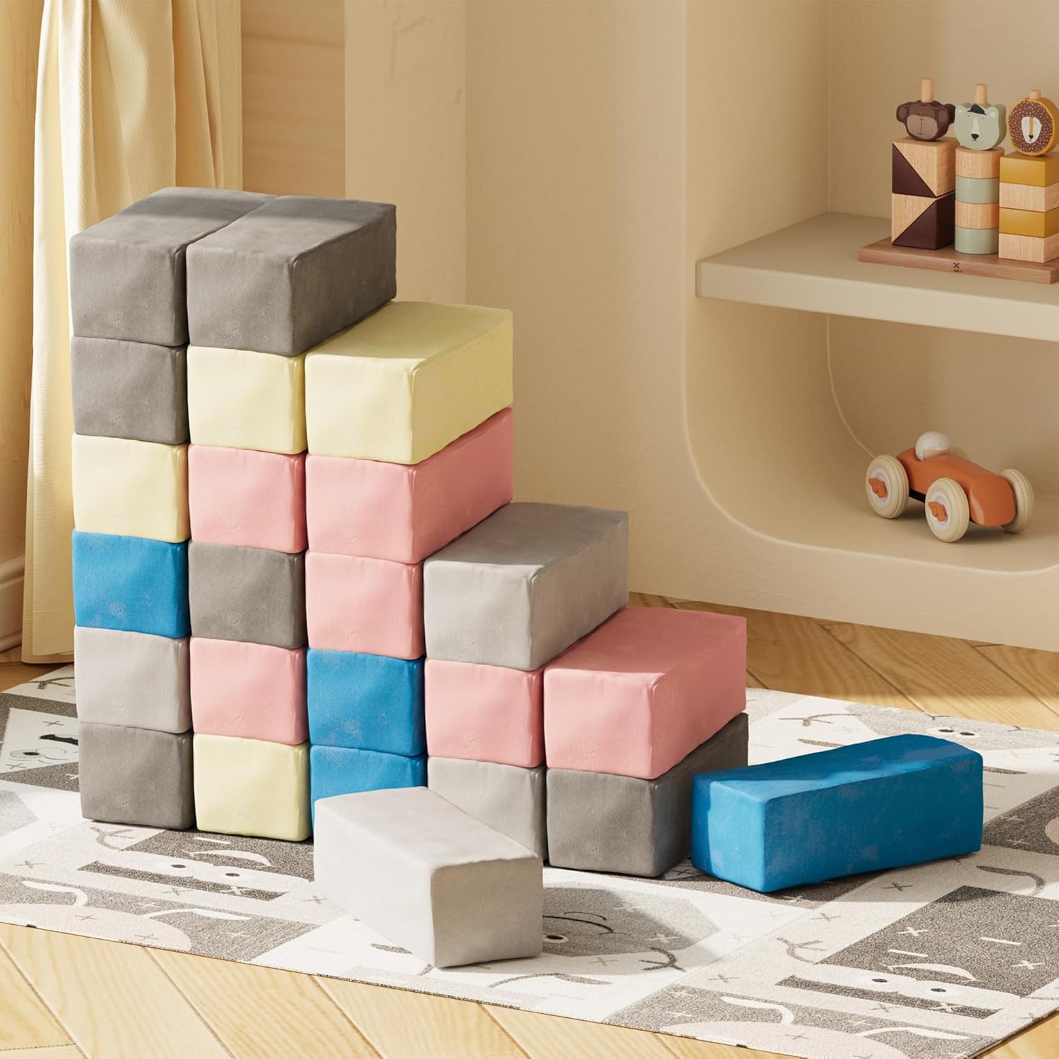 HedoAjim Foam Blocks for Toddlers - 24 Pcs Giant Colorfull Building Soft Blocks, Certified Kids Biggo Stacking Plush Cuboids with Removable and Washable Velvet Fabric for Birthday