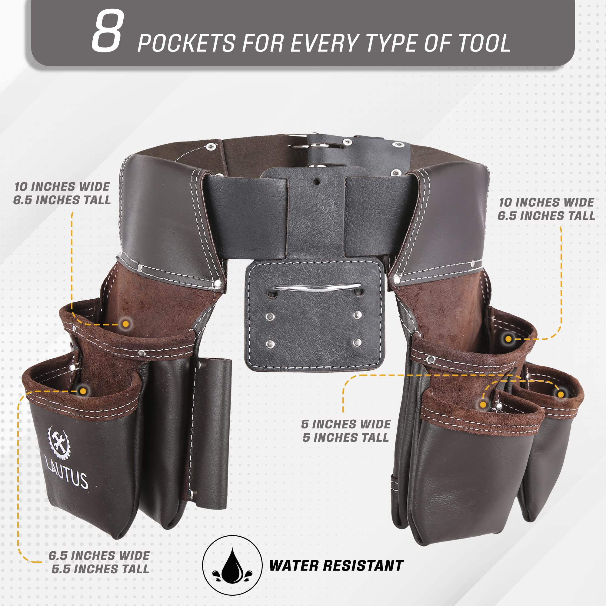 LAUTUS Oil Tanned Leather Tool Belt - 5 Pocket Carpenter Apron With Hammer Holder, Adjustable 32-46 Inch