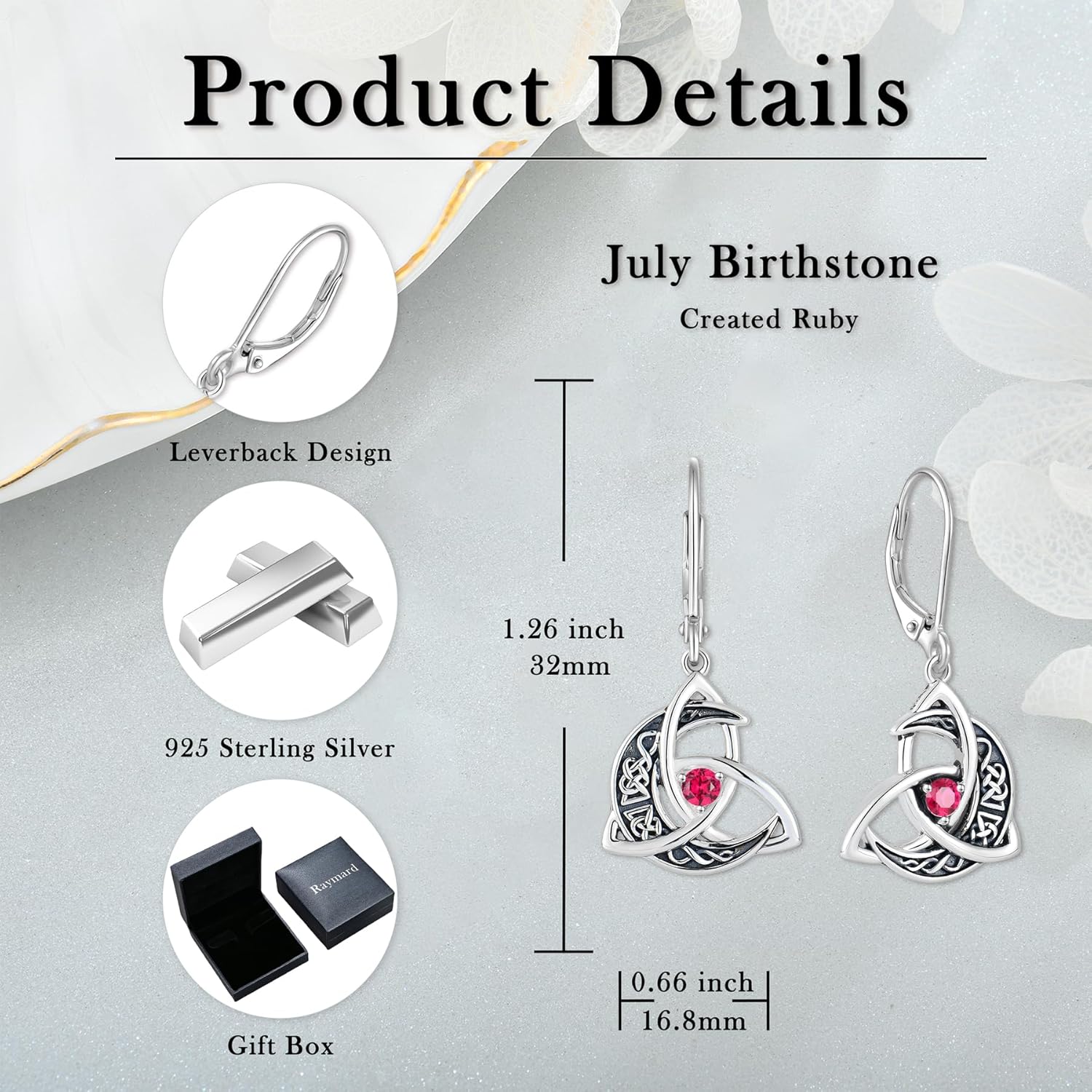 Trinity Celtic Knot Moon Leverback Earrings for Womens, 925 Sterling Silver Dangle Drop Round Gemstone Earrings, Irish Celtic Jewelry for Women
