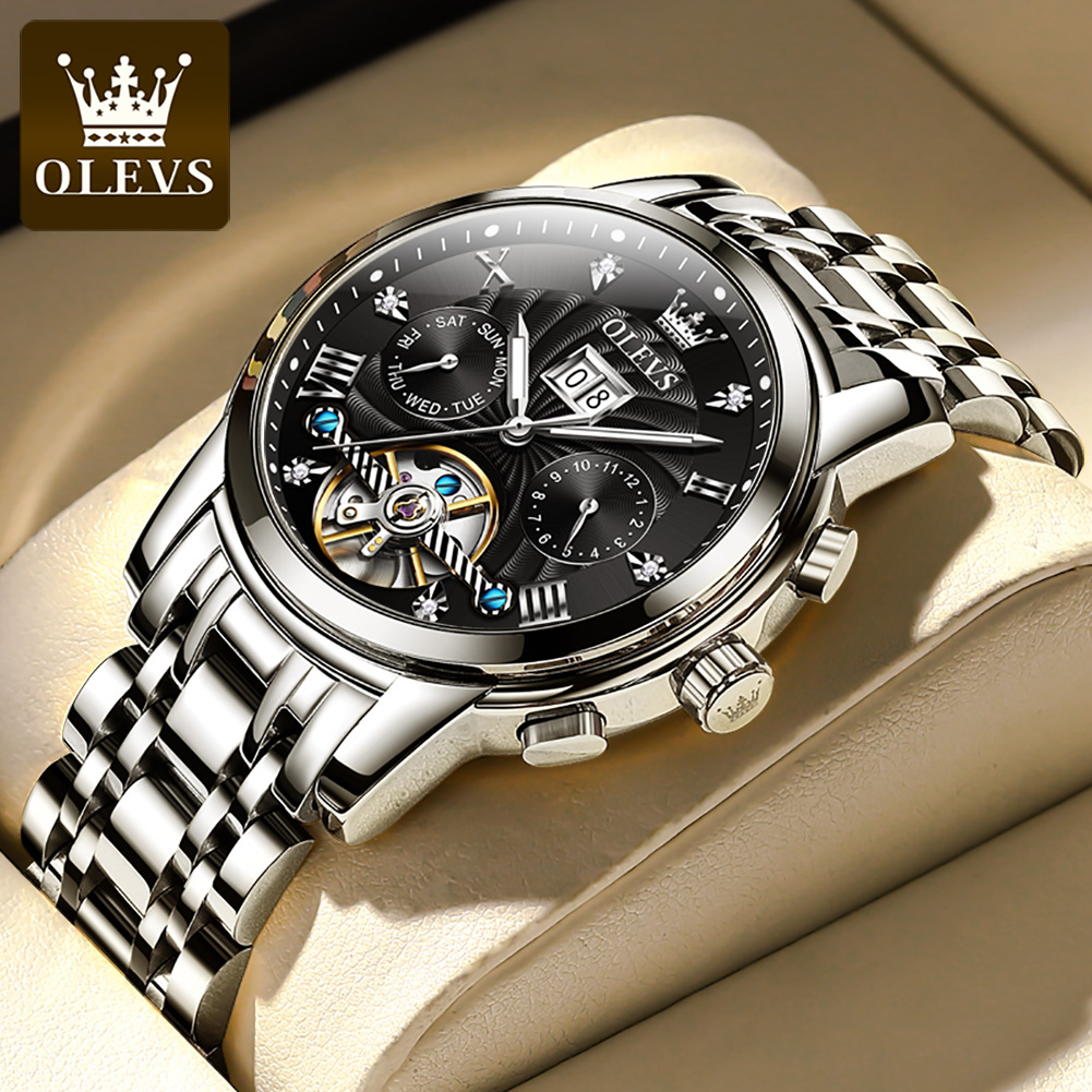 OLEVS Orologio da uomo con scheletro meccanico automatico a carica automatica in acciaio inox luminoso tourbillon orologi di lusso, blu
