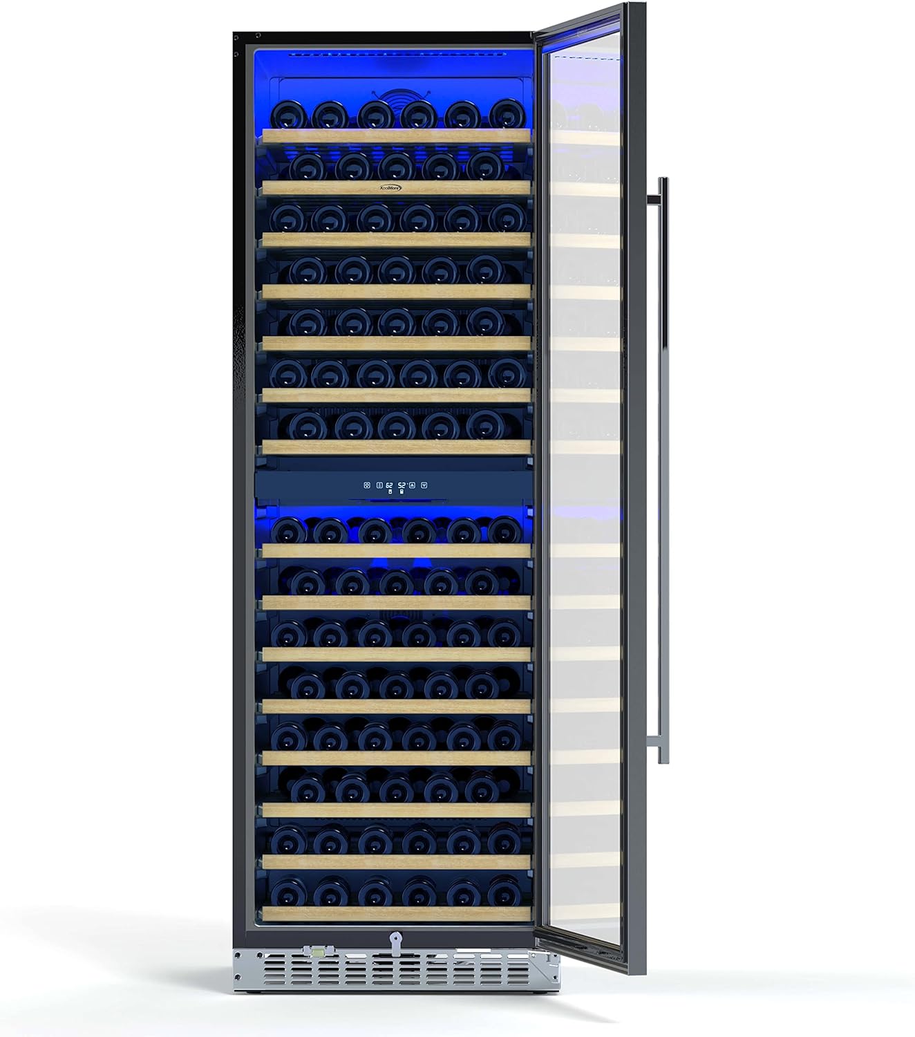 KoolMore 24” Inch 15.1 Cu.Ft. Dual Zone Wine Cooler Refrigerator, Freestanding or Built-In Unit, Stainless Steel Finish, Temperature Control, and Door Lock (KM-CW155DZ-SS), Silver, 155 Wine Bottles
