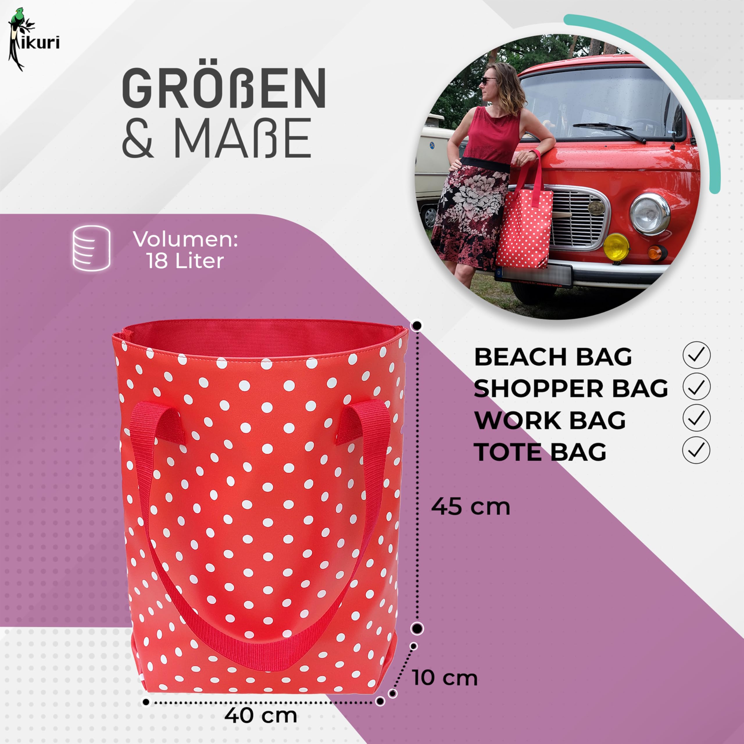 Ikuri wasserabweisender Shopper/Beutel/Einkaufsbeutel/Tote bag aus bedruckter Plane - Lunares rot, HANDARBEIT