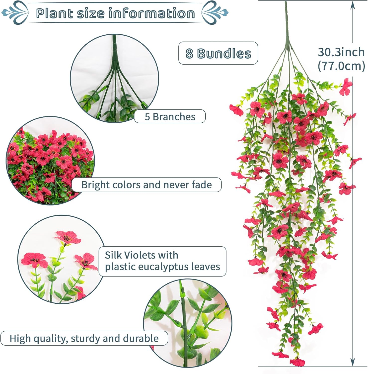 8 Pack Rose Red Artificial Hanging Flowers Silk Colorful Daisy for Fake Plants Spring Summer Decoration,Realistic Faux Outdoor Flowers UV Resistant Porch Patio Window Yard Decor(Basket Not Included)