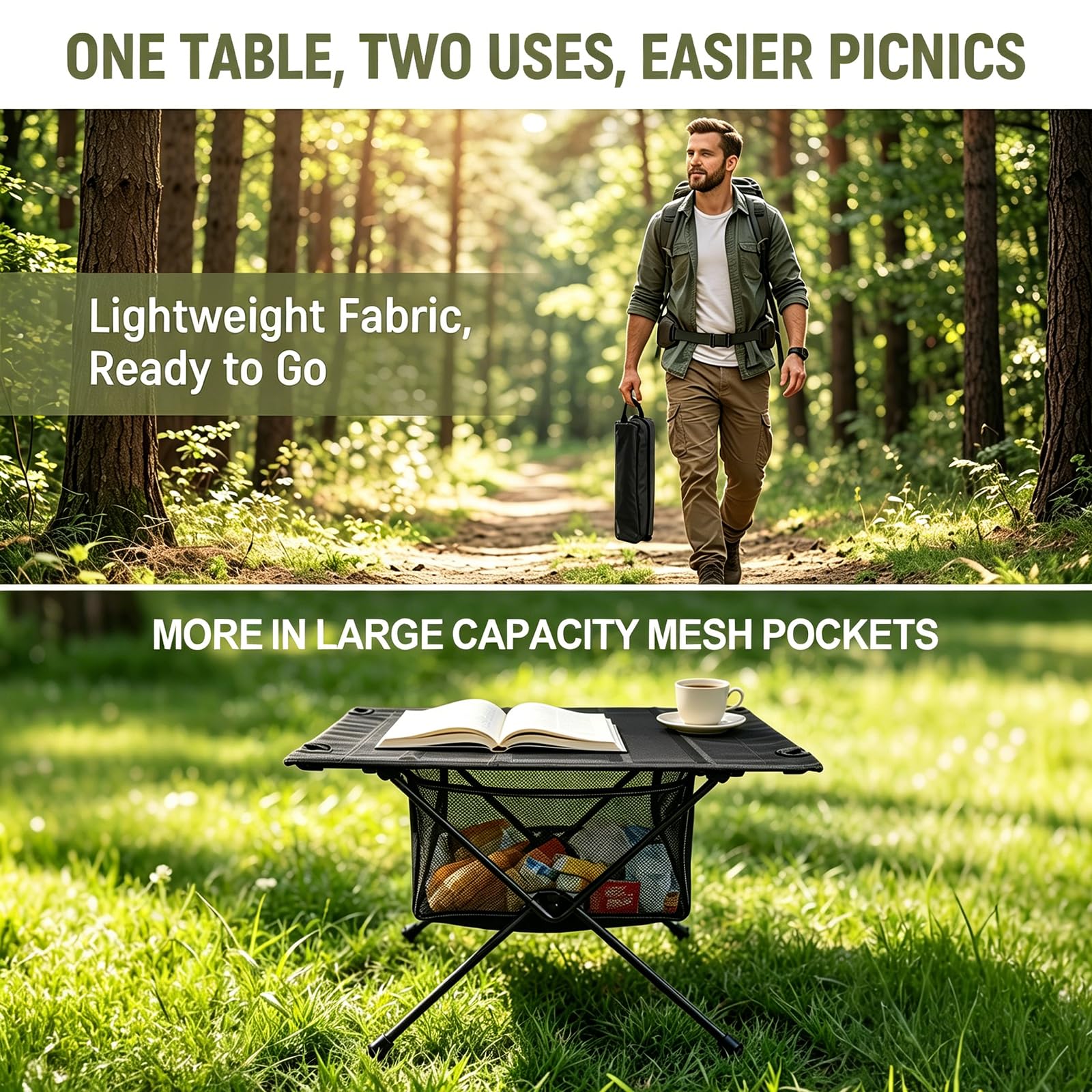 Gohytal Table pliante portable en aluminium avec sac de transport et sac en filet, table d'extérieur pliable pour camping, pique-nique, cuisine, jardin, randonnée, voyage (noir)