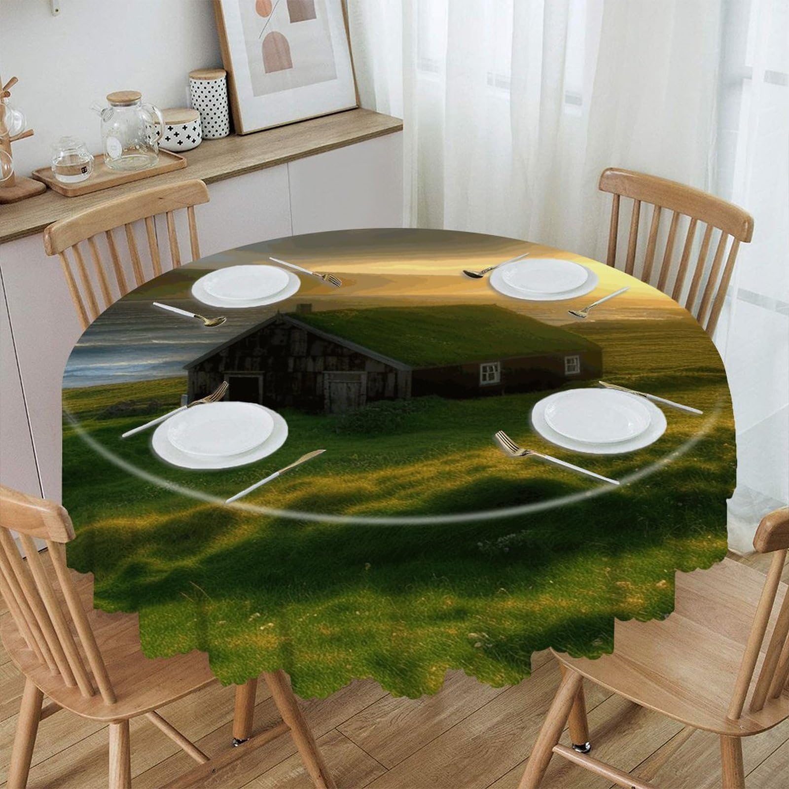 Btcowzrv Style Iceland Hut Grass Coast Sea Sun Rays Polyester Round Tablecloth 59.84 Inch, Decorative Washable Table Cover, Table Cloth For Restaurant Picnic Indoor And Outdoor Dining