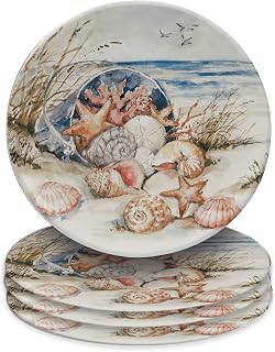 Certified International Coastal Landscape 11-Inch Dinner Plates Set of 4 - Multicolor Beach Seashell Ceramic Plates