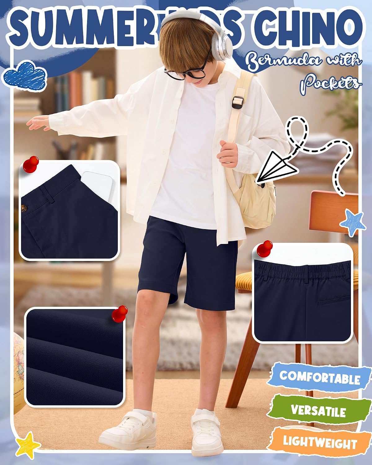3 Pack Boys School Uniform Shorts | Teen Flat Front Chino Shorts, Golf Adjustable Waist Dress Pants with Pockets, Summer Daily Wear, Ages 6-15 Years