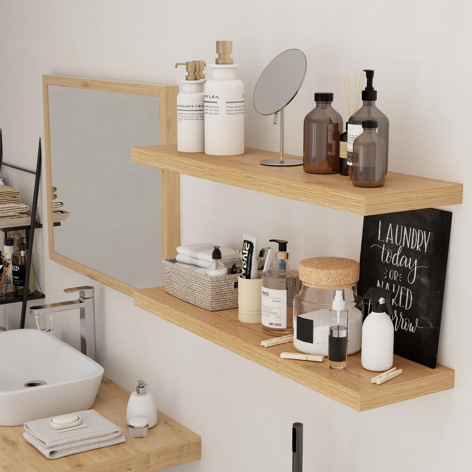 Set di 2 mensole galleggianti da parete, lunghe 90 cm, mensole da parete in legno rustico, grandi mensole da parete con staffe invisibili, per libri, soggiorno, camera da letto, ufficio, 91 cm di