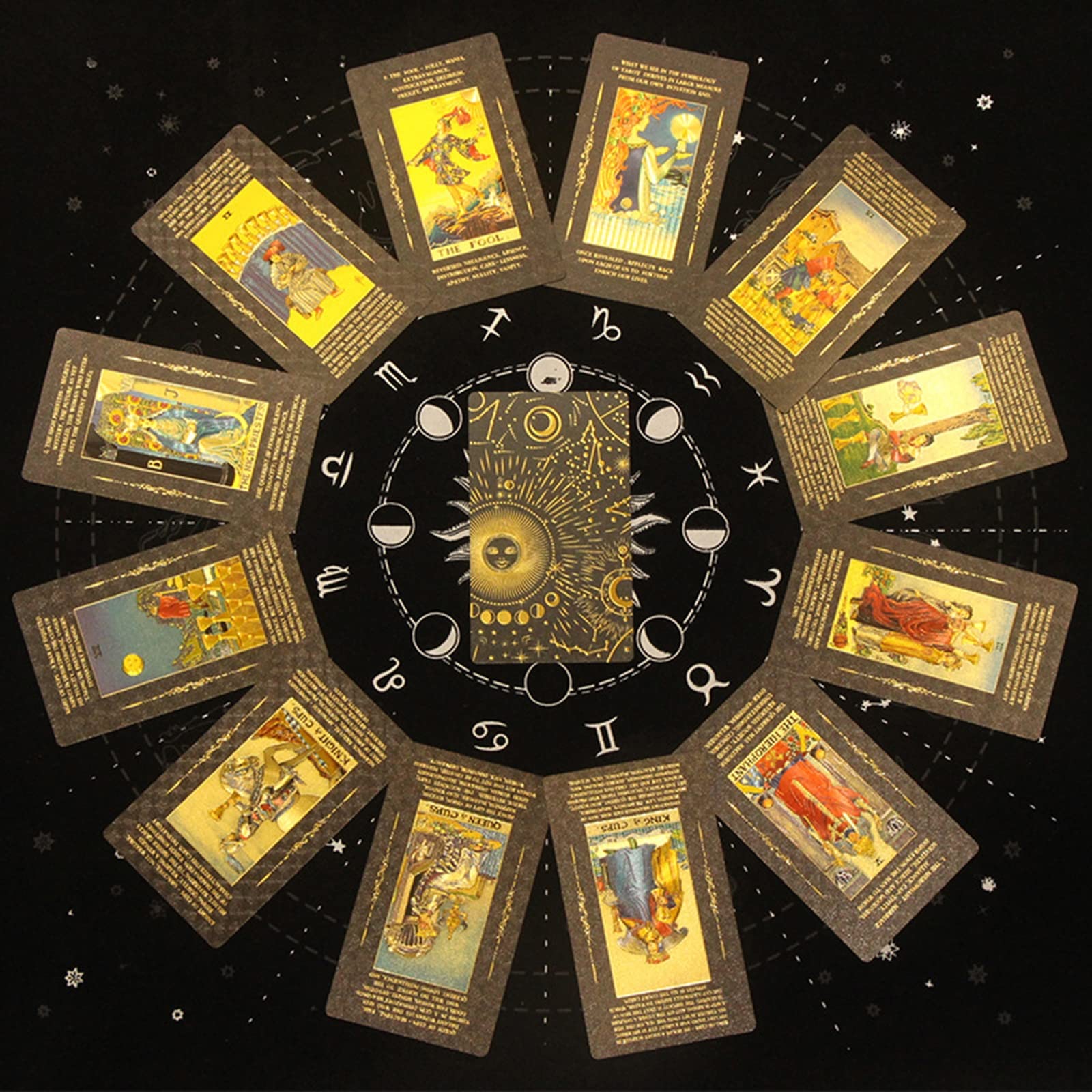 Jeu de Cartes de Tarot, Jeu de Cartes de Tarot for débutants, Jeu de Cartes de Tarot en PVC Noir et Or avec Guide et boîte, Jeu de Cartes de Tarot for débutants et lecteurs Experts